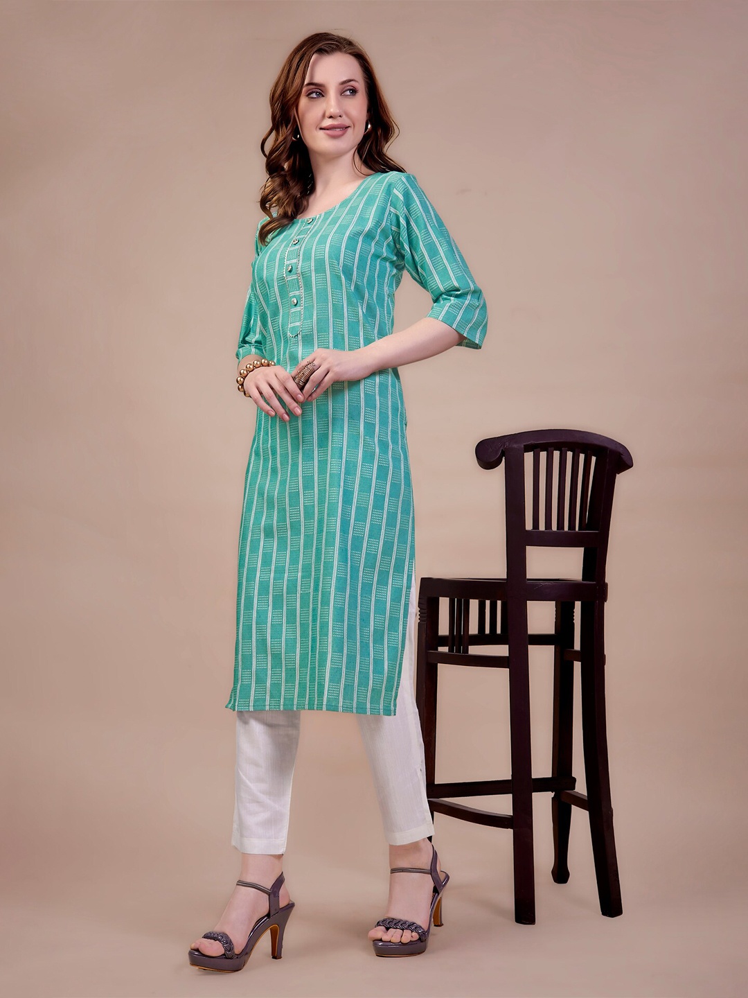 

Goti's Striped Straight Kurta, Sea green
