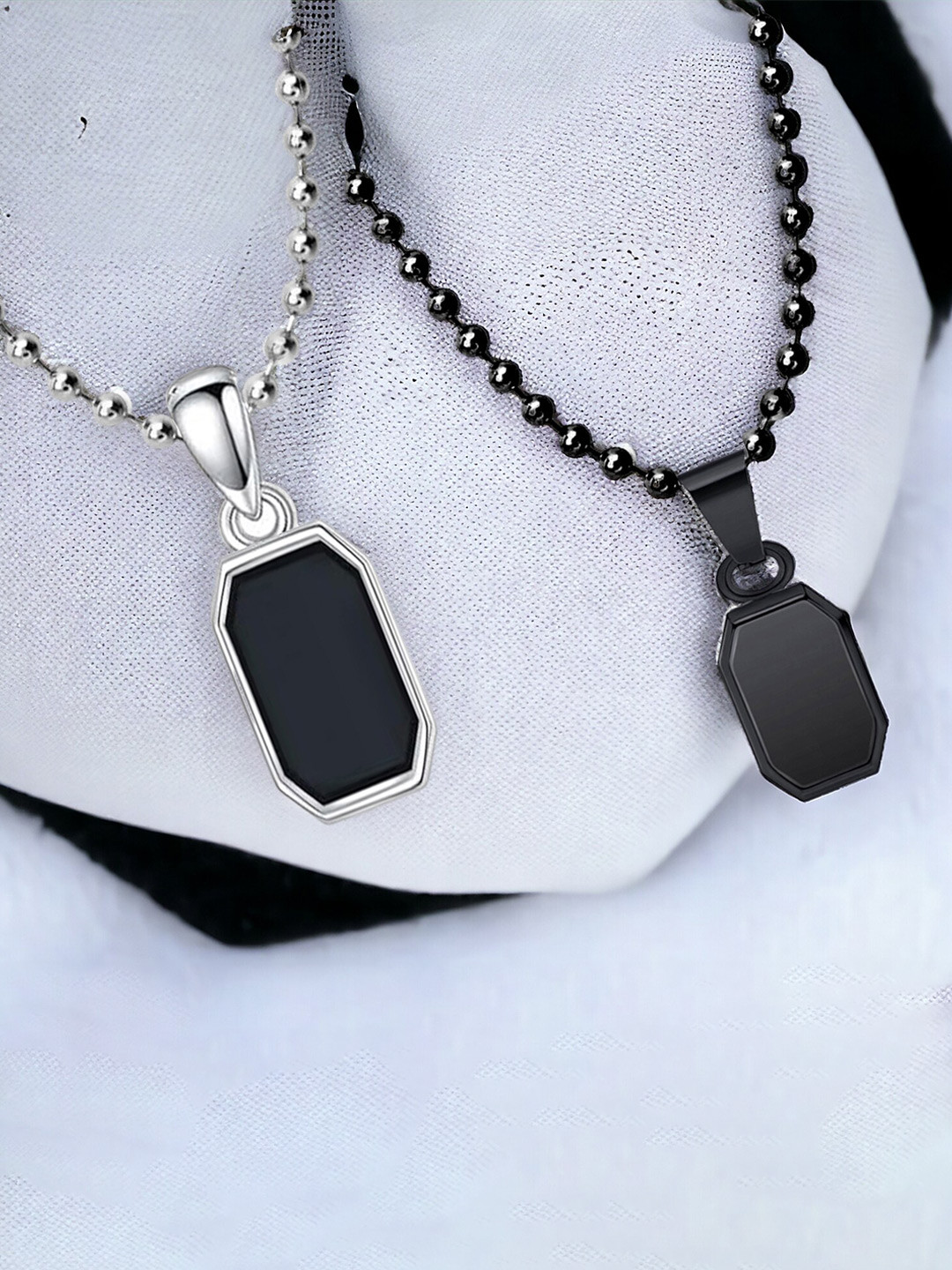 

Okos Men Set Of 2 Rhodium-Plated Stainless Steel Geometric Pendants with Chains, Silver