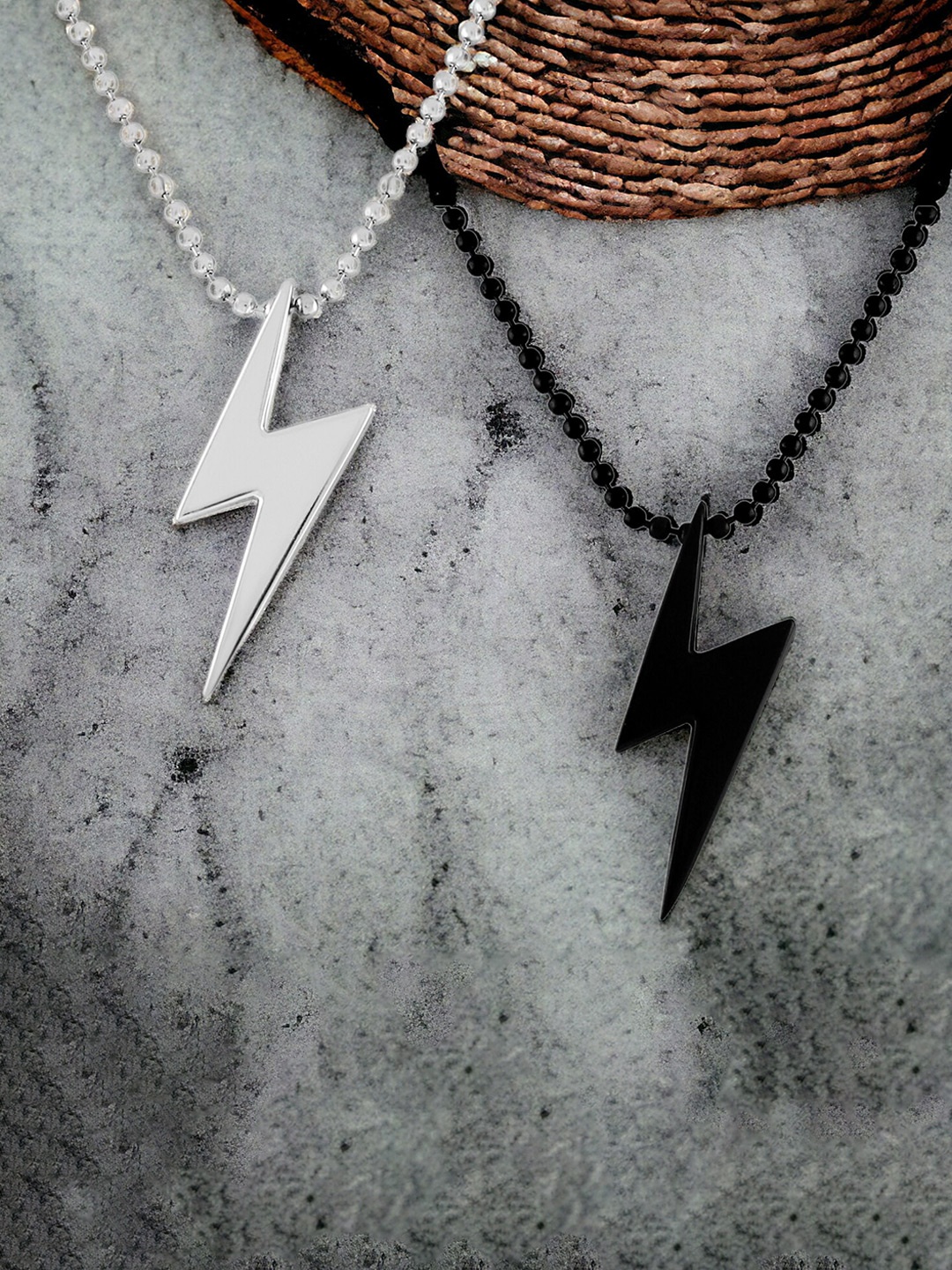 

Okos Set Of 2 Zig Zag Bolt Shape Trendy Stainless Steel Pendants With Chains, Silver