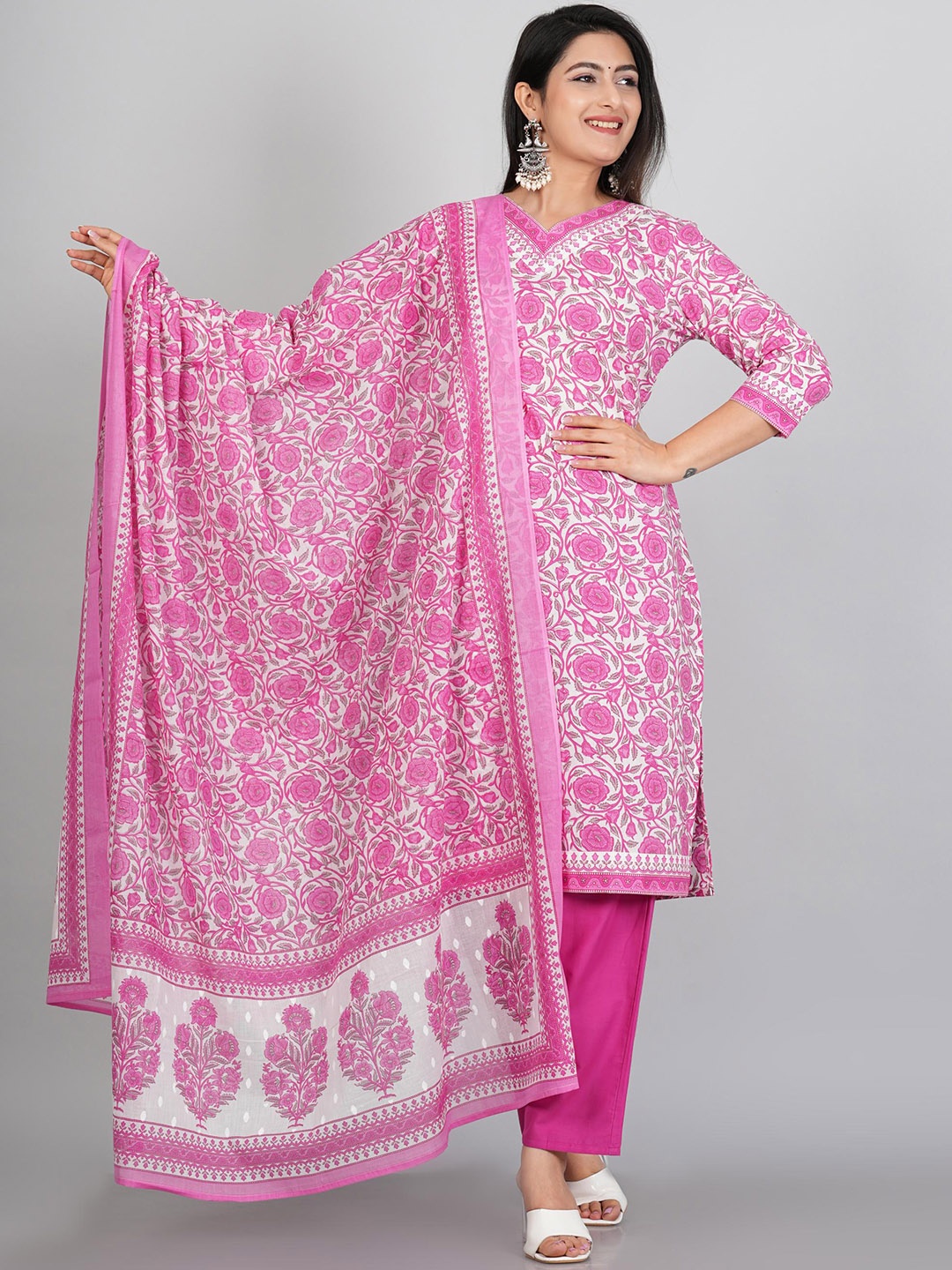 

P3D CREATION Floral Printed Regular Pure Cotton Kurta with Trousers & Dupatta, Pink