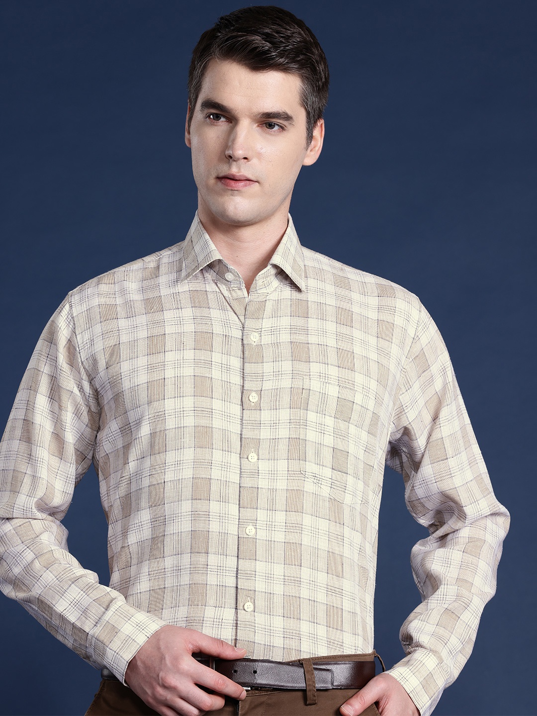 

Hancock Men Slim Fit Checked Linen Formal Shirt, Beige