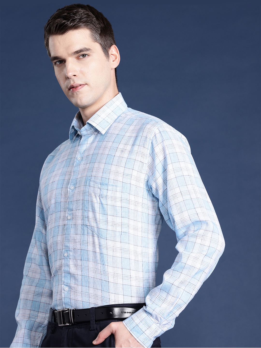 

Hancock Men Slim Fit Checked Linen Formal Shirt, Blue
