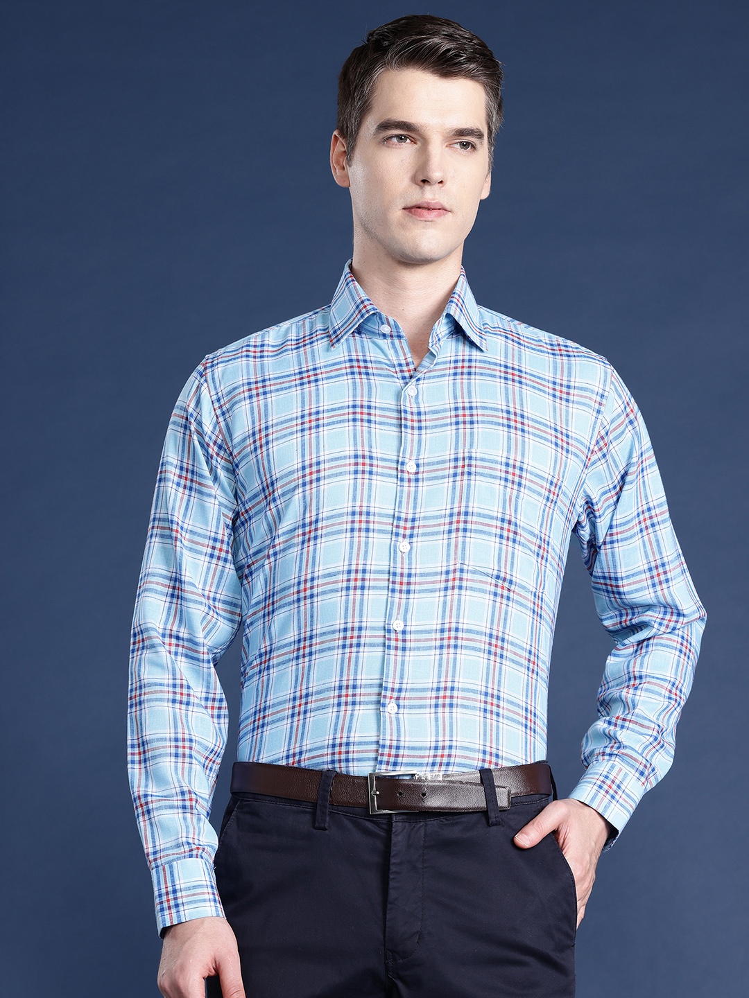 

Hancock Men Slim Fit Checked Formal Shirt, Blue