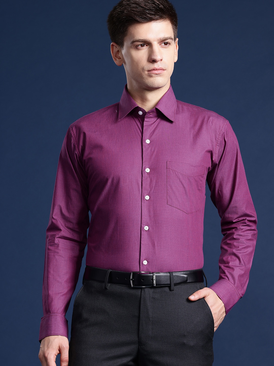 

Hancock Men Chambray Wrinkle Free Pure Cotton Slim Fit Formal Shirt, Purple