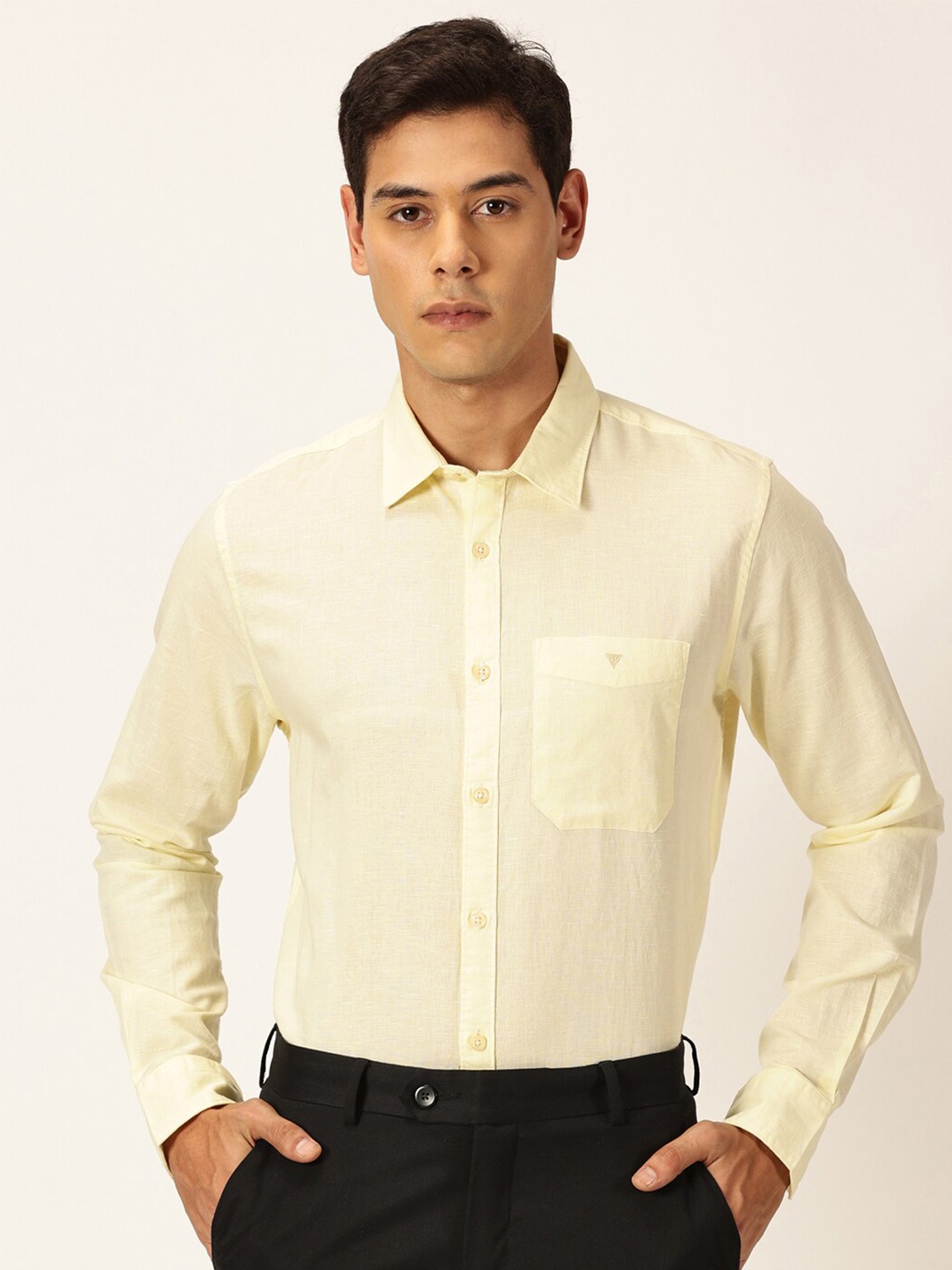 

Thomas Scott Premium Slim Fit Long Sleeves Spread Collar Cotton Linen Formal Shirt, Yellow