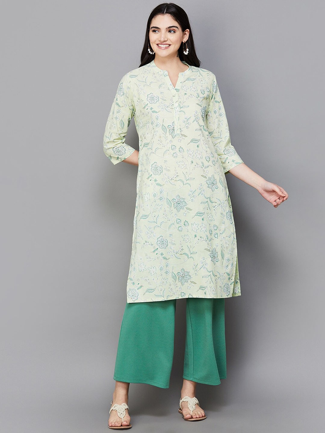 

Melange by Lifestyle Floral Embroidered Mandarin Collar Cotton Straight Kurta, Olive