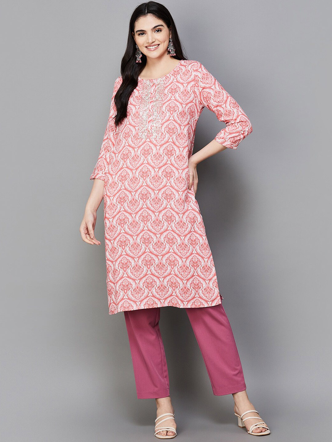 

Melange by Lifestyle Round Neck Ethnic Printed Straight Kurta, Coral