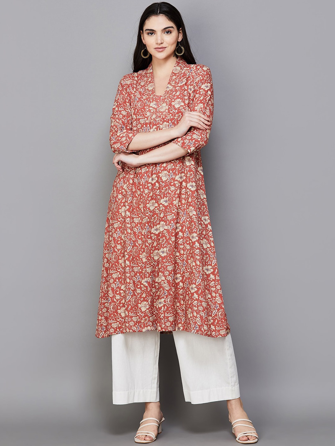 

Melange by Lifestyle V Neck Floral Printed A Line Kurta, Rust