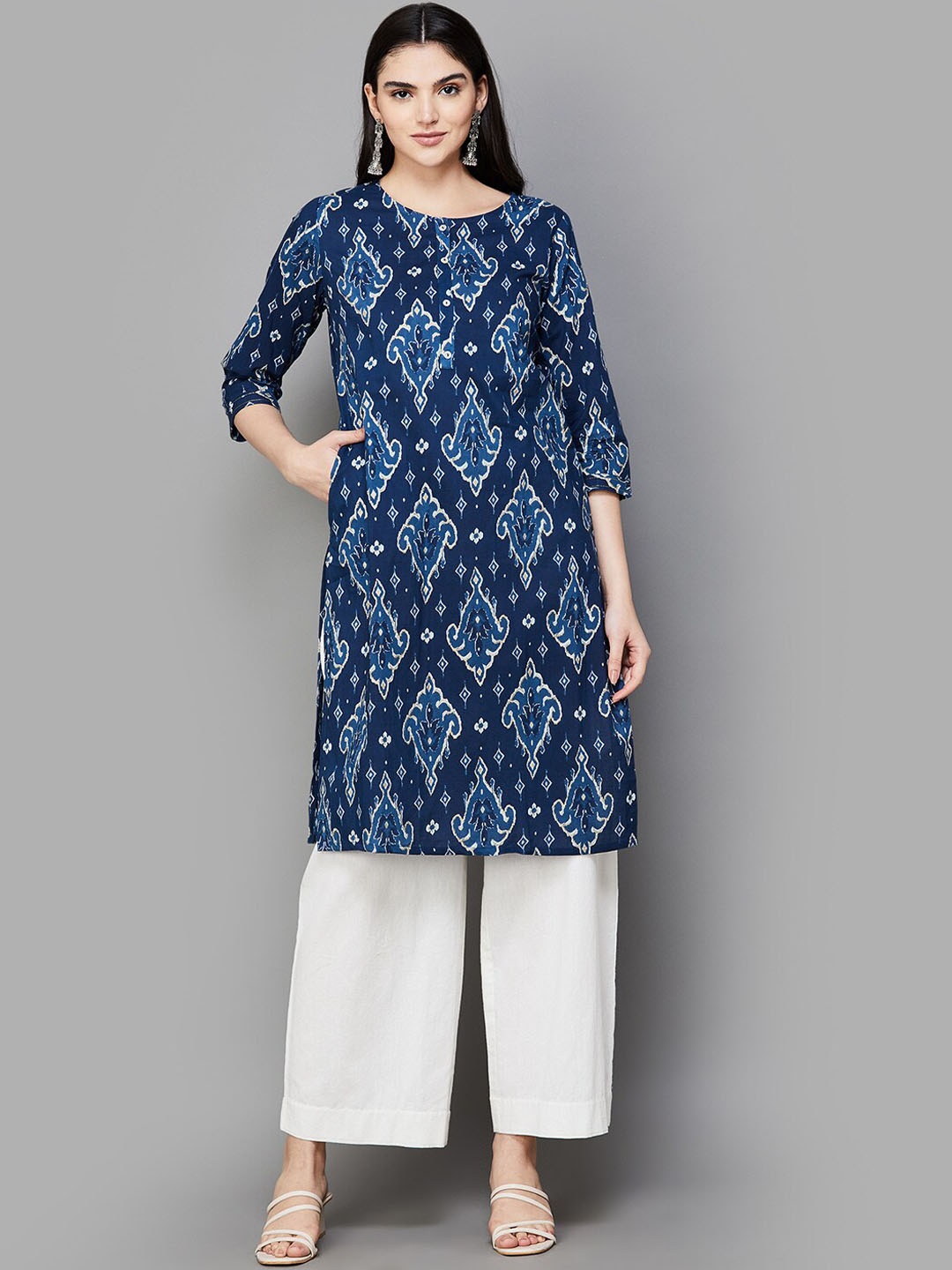 

Melange by Lifestyle Round Neck Ethnic Printed Straight Kurta, Blue