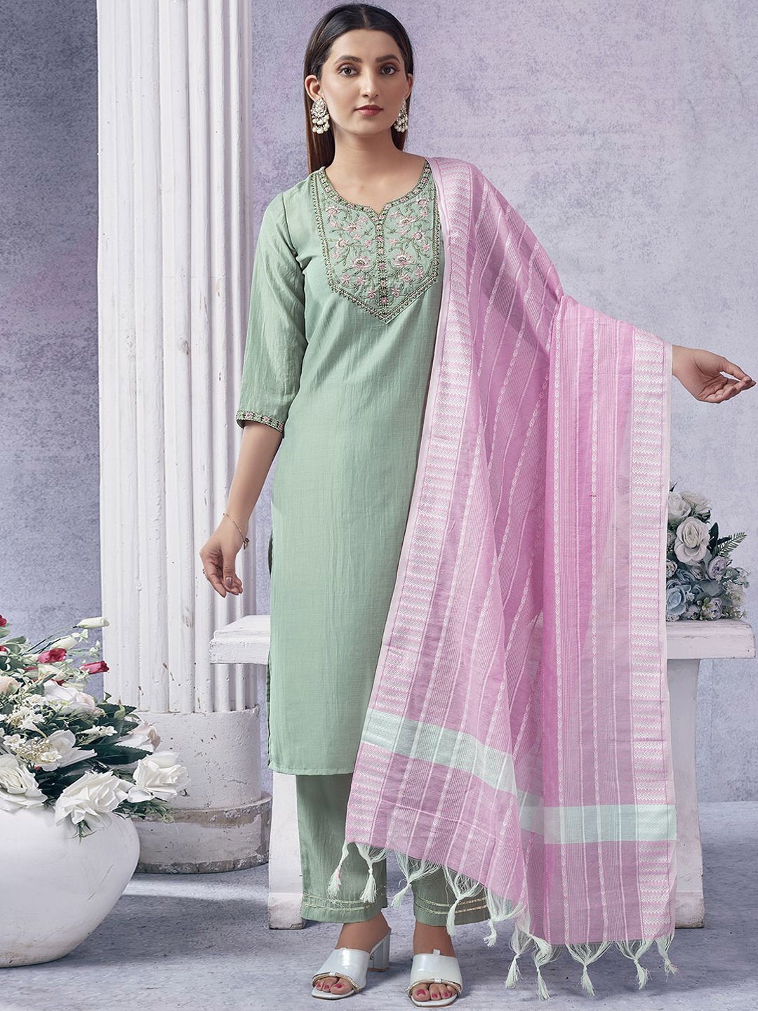 

SKYLEE Round Neck Sequined Embroidered Straight Kurta with Trouser & Dupatta, Green