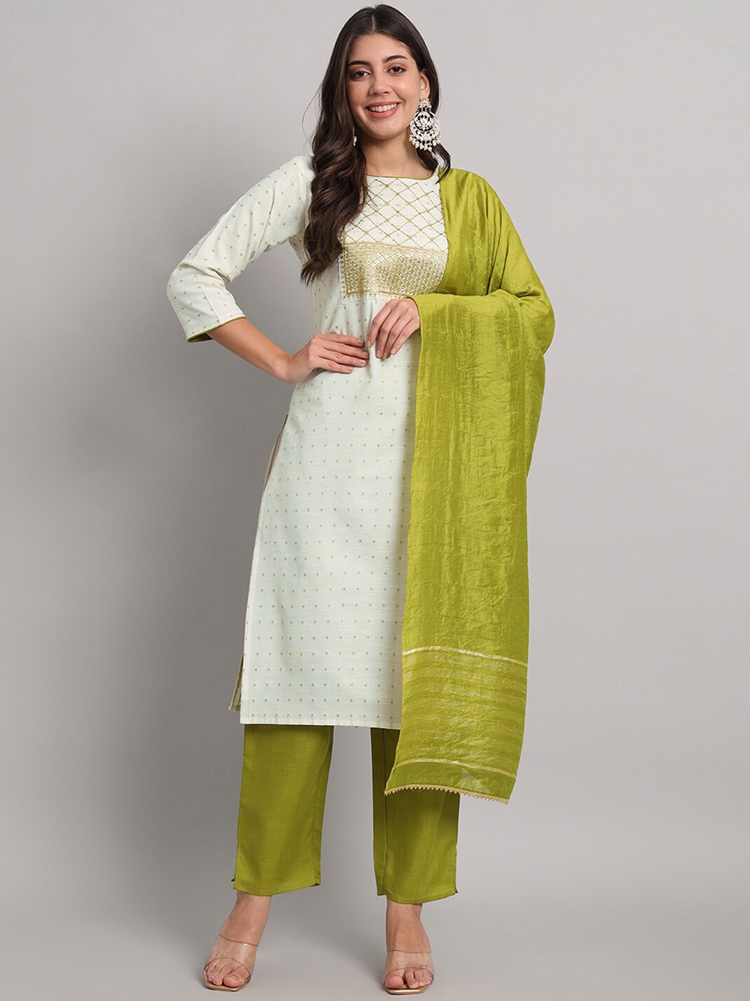 

SKYLEE Round Neck Sequined Embroidered Kurta with Trouser & Dupatta, Cream