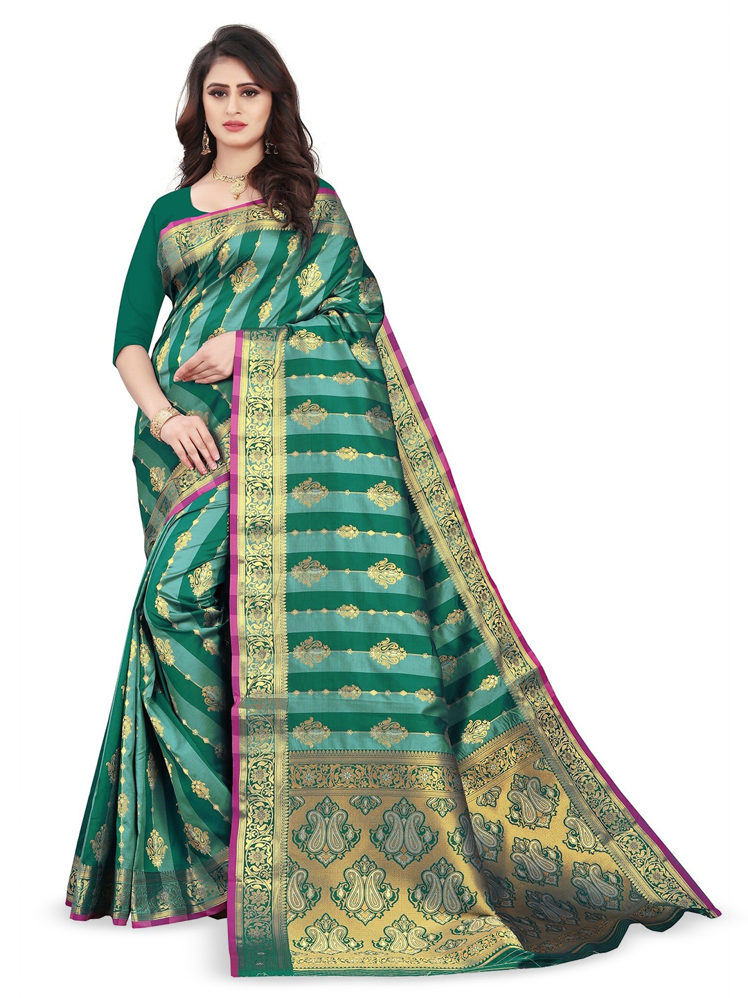 

THE WOMEN DECOR Floral Zari Silk Blend Banarasi Saree, Teal