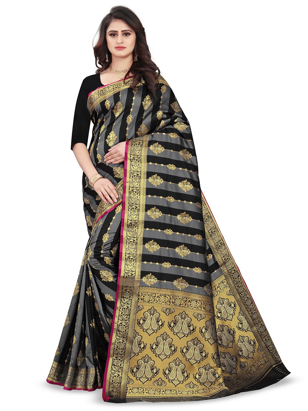 

THE WOMEN DECOR Floral Zari Silk Blend Banarasi Saree, Black