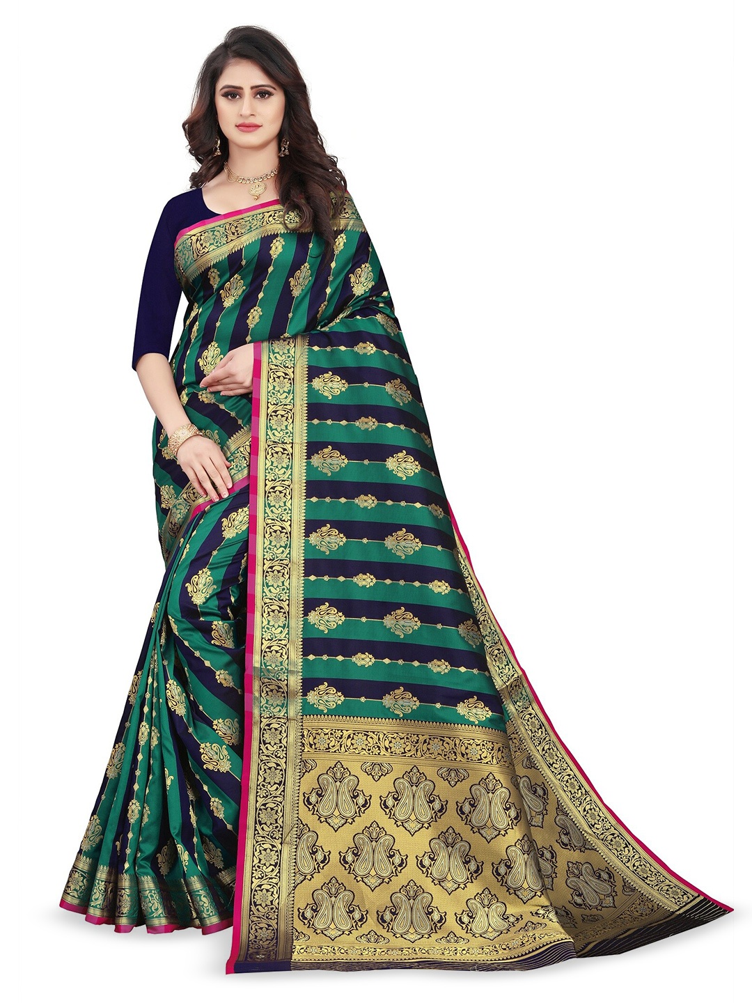 

THE WOMEN DECOR Woven Zari Silk Blend Banarasi Saree, Green