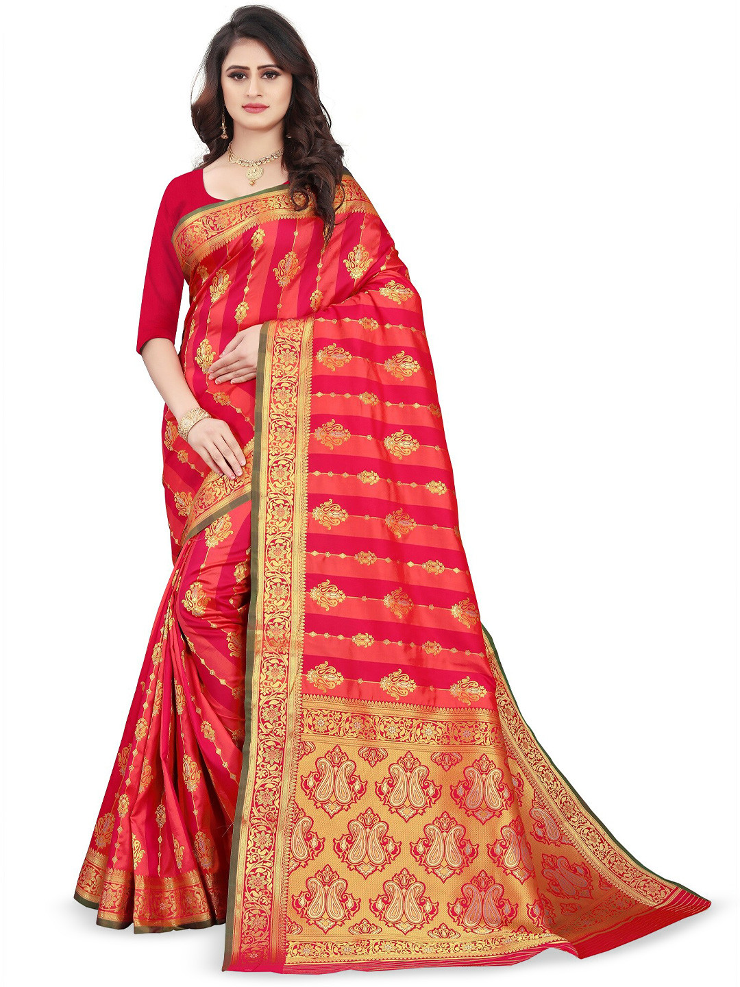 

THE WOMEN DECOR Floral Zari Silk Blend Banarasi Saree, Red