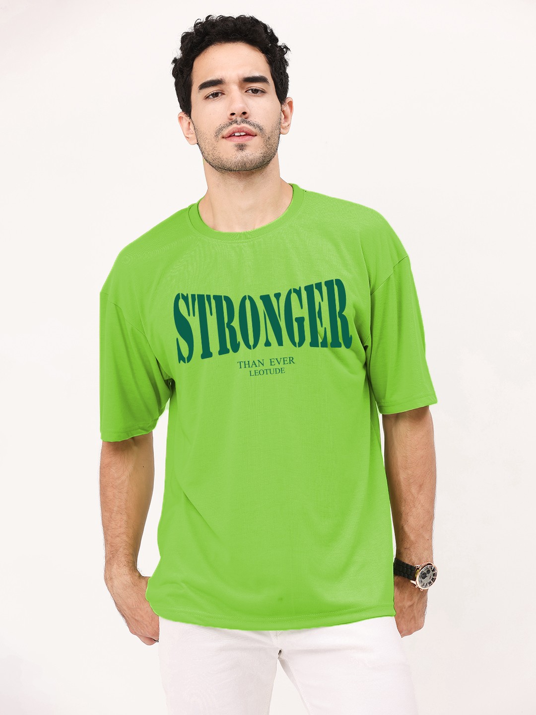 

Leotude Typography Printed Drop-Shoulder Sleeves Oversized T-shirt, Green