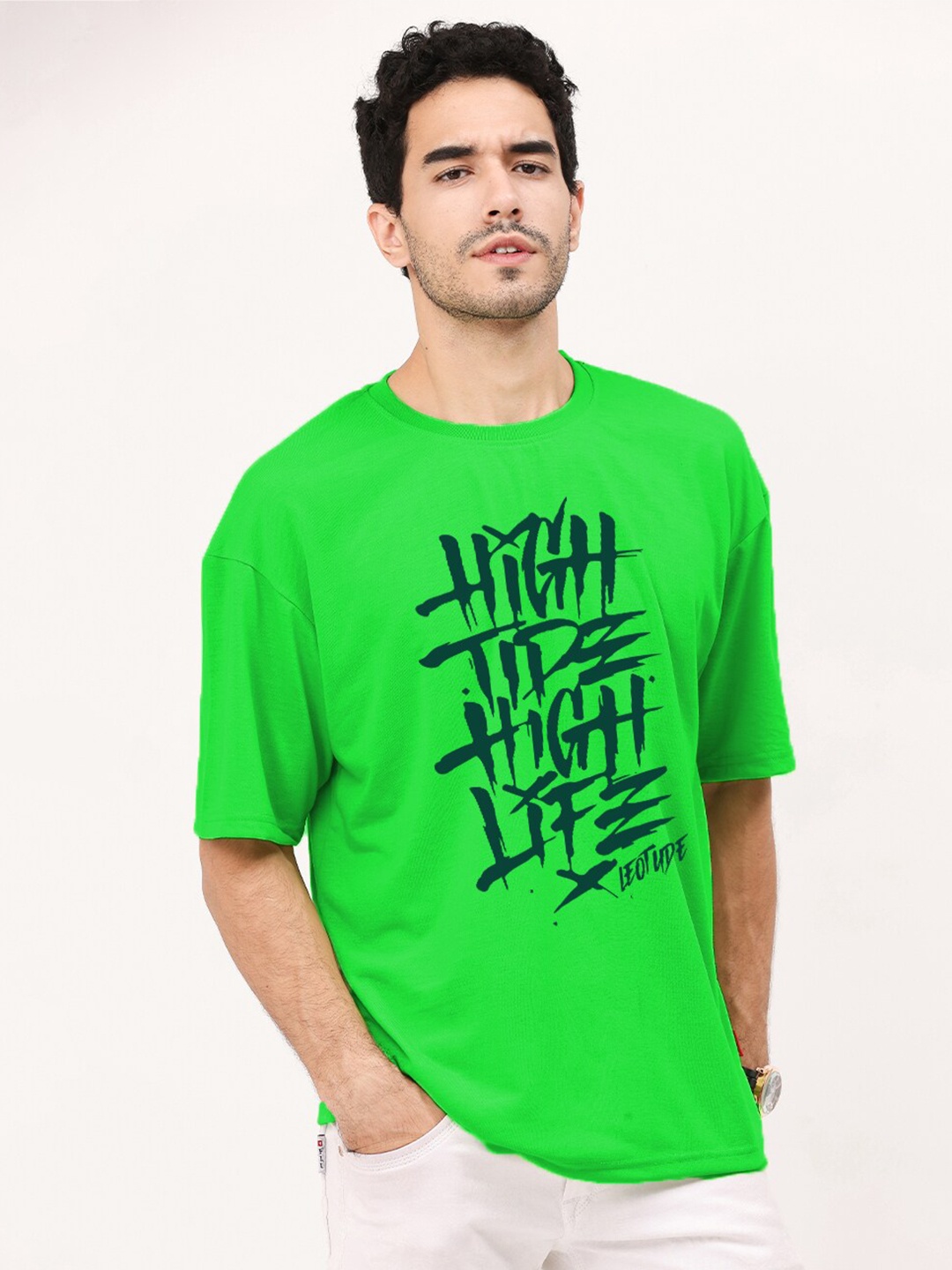 Leotude Typography Printed Drop-Shoulder Sleeves Oversized T-shirt, Green