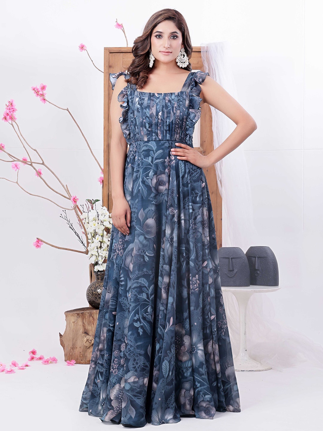 Ethnovog Floral Print Shoulder Straps Georgette Maxi Dress, Green