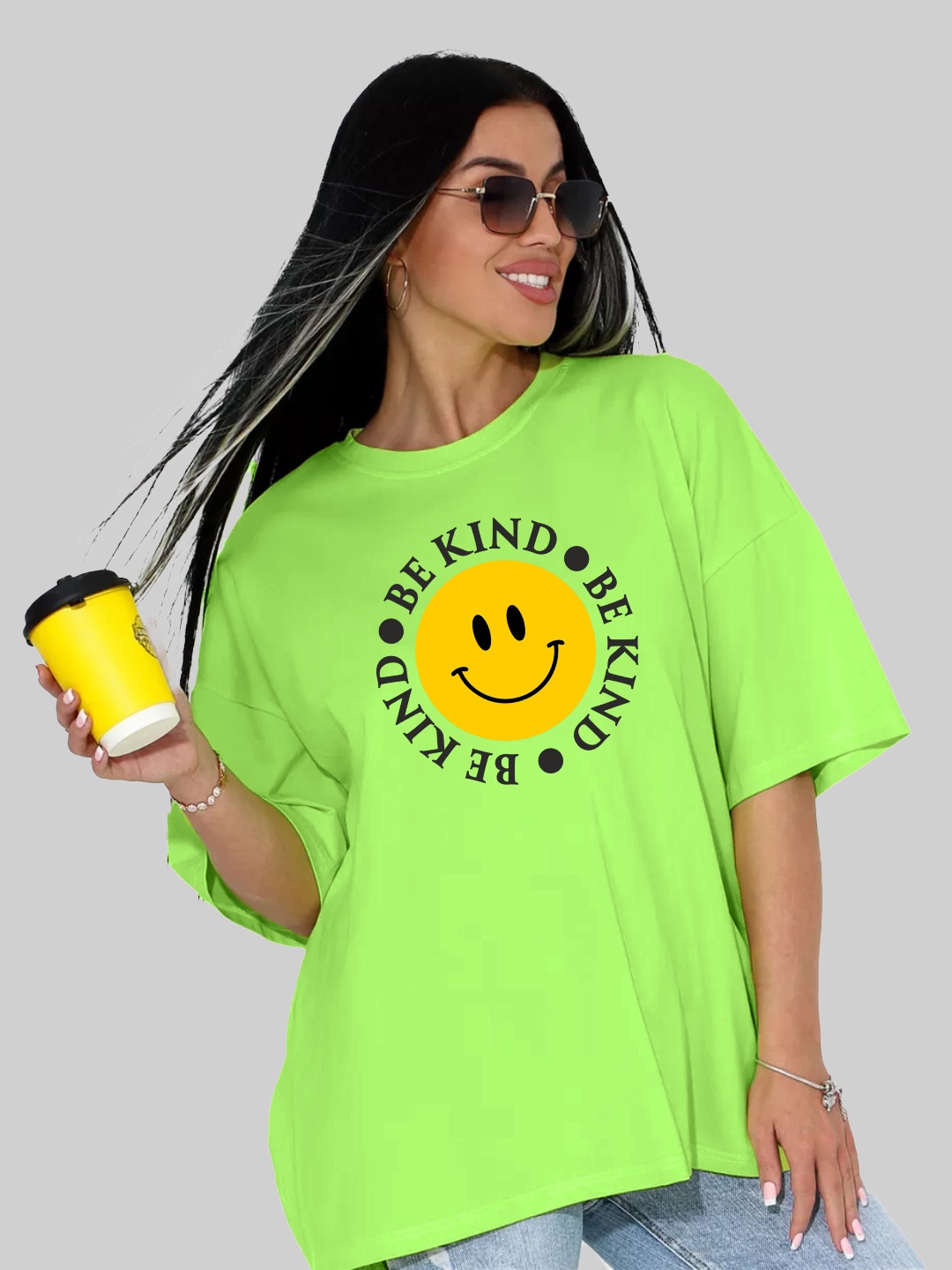 

Leotude Printed Drop-Shoulder Sleeves Oversized T-shirt, Lime green