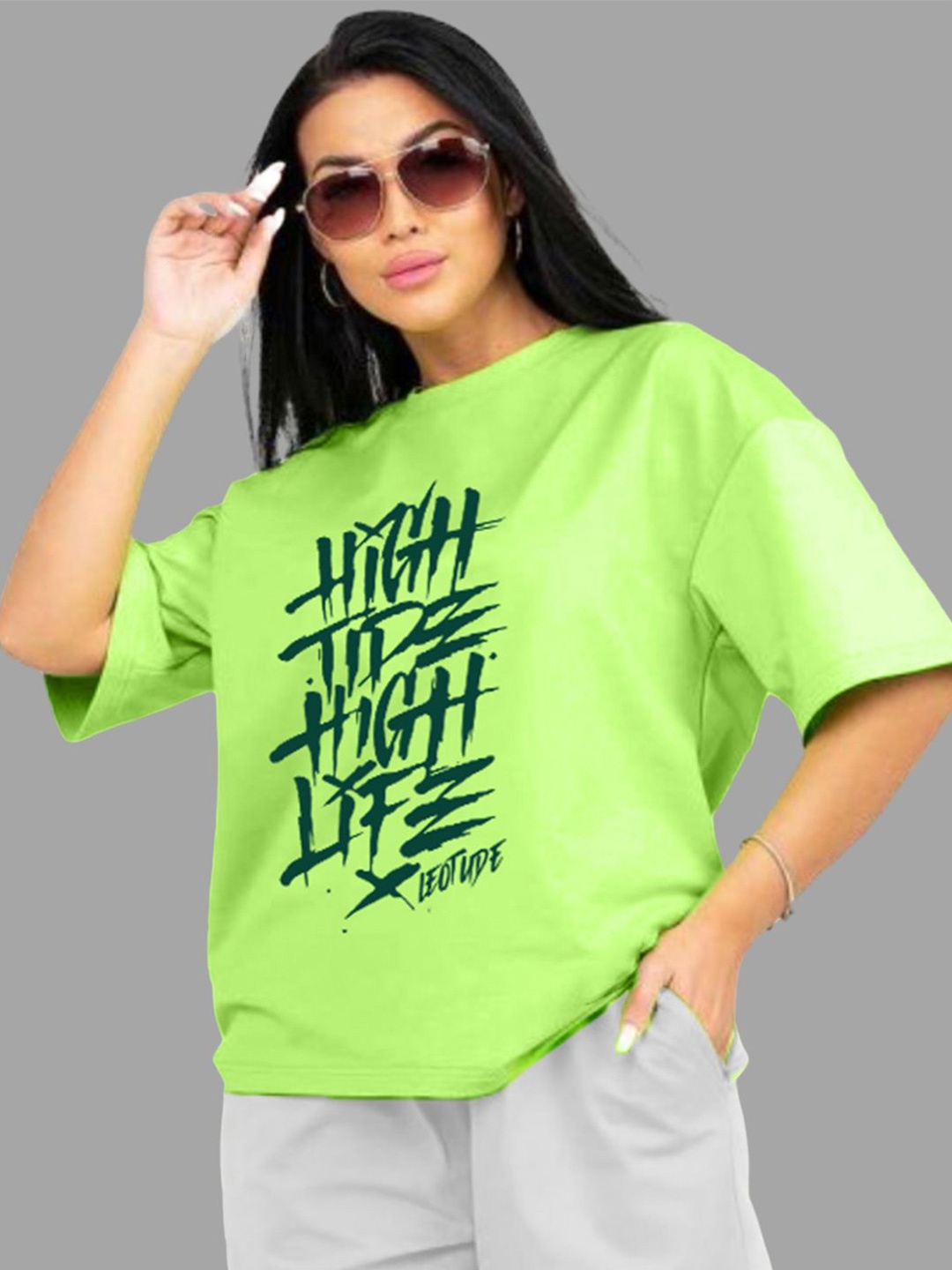 

Leotude Typography Printed Drop-Shoulder Sleeves Oversized T-shirt, Lime green
