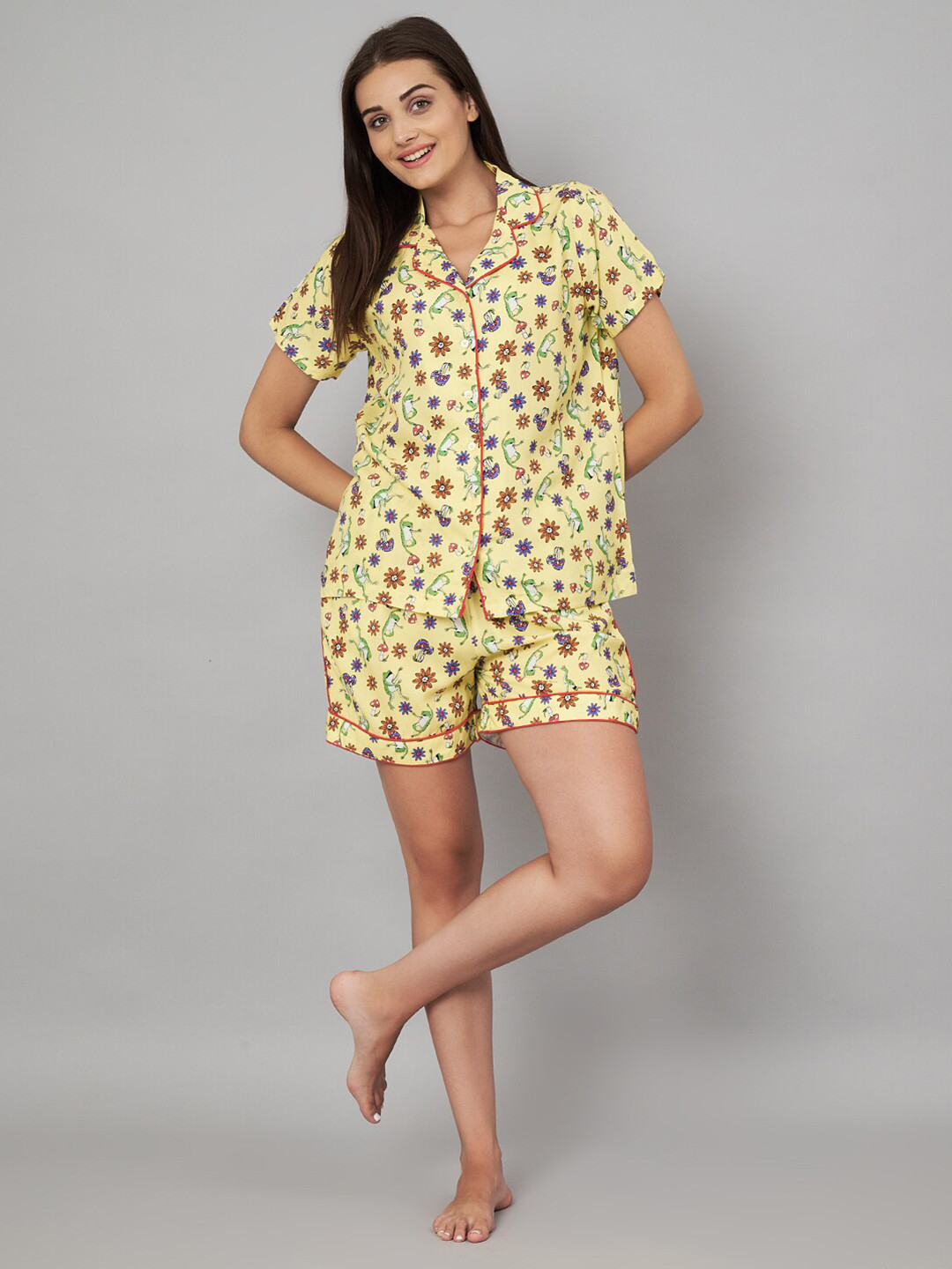 

Yaadleen Women Printed Shirt & Shorts Night Suit, Yellow