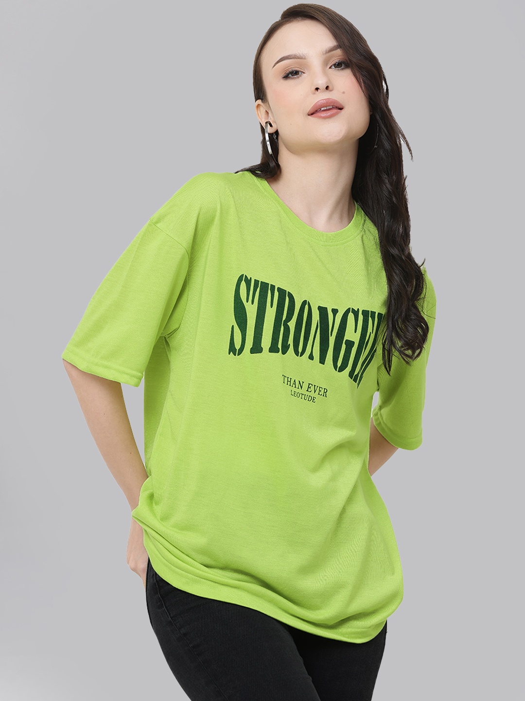 

Leotude Typography Printed Drop-Shoulder Sleeves Oversized T-shirt, Lime green