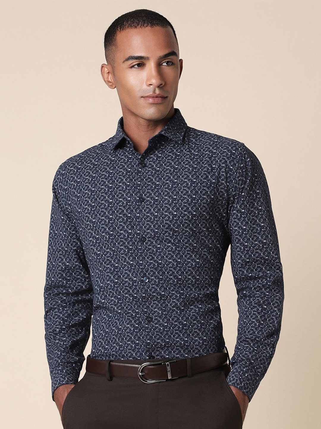 

Allen Solly Slim Fit Spread Collar Printed Cotton Formal Shirt, Navy blue