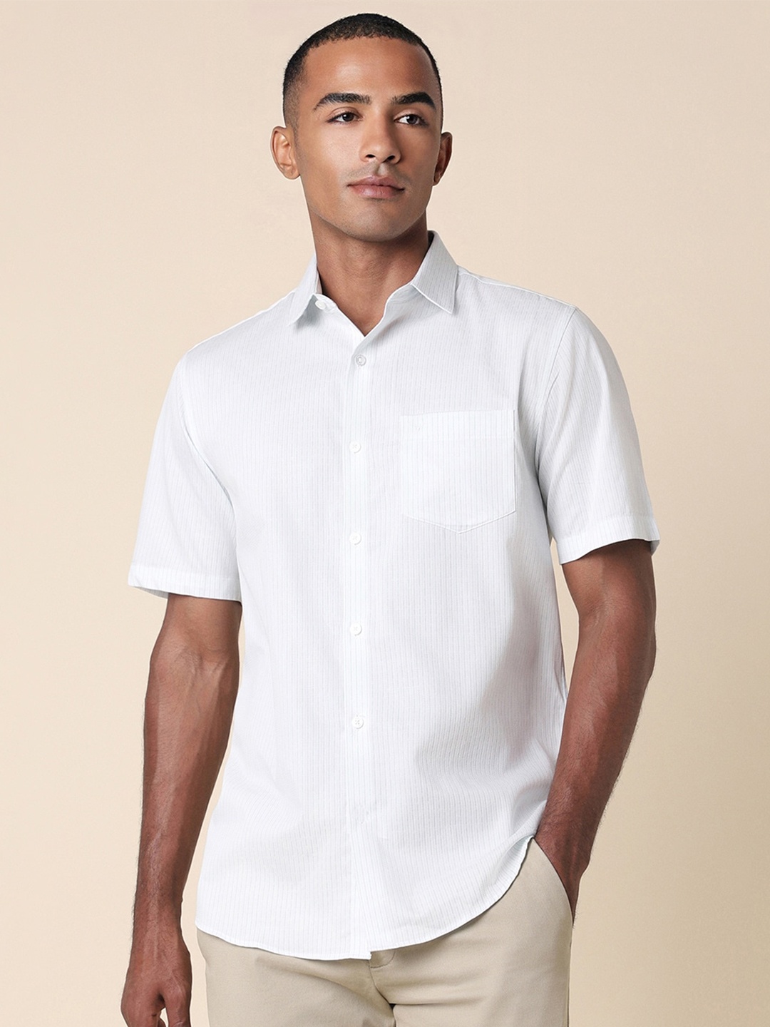 

Allen Solly Slim Fit Striped Half Sleeves Pure Cotton Casual Shirt, White