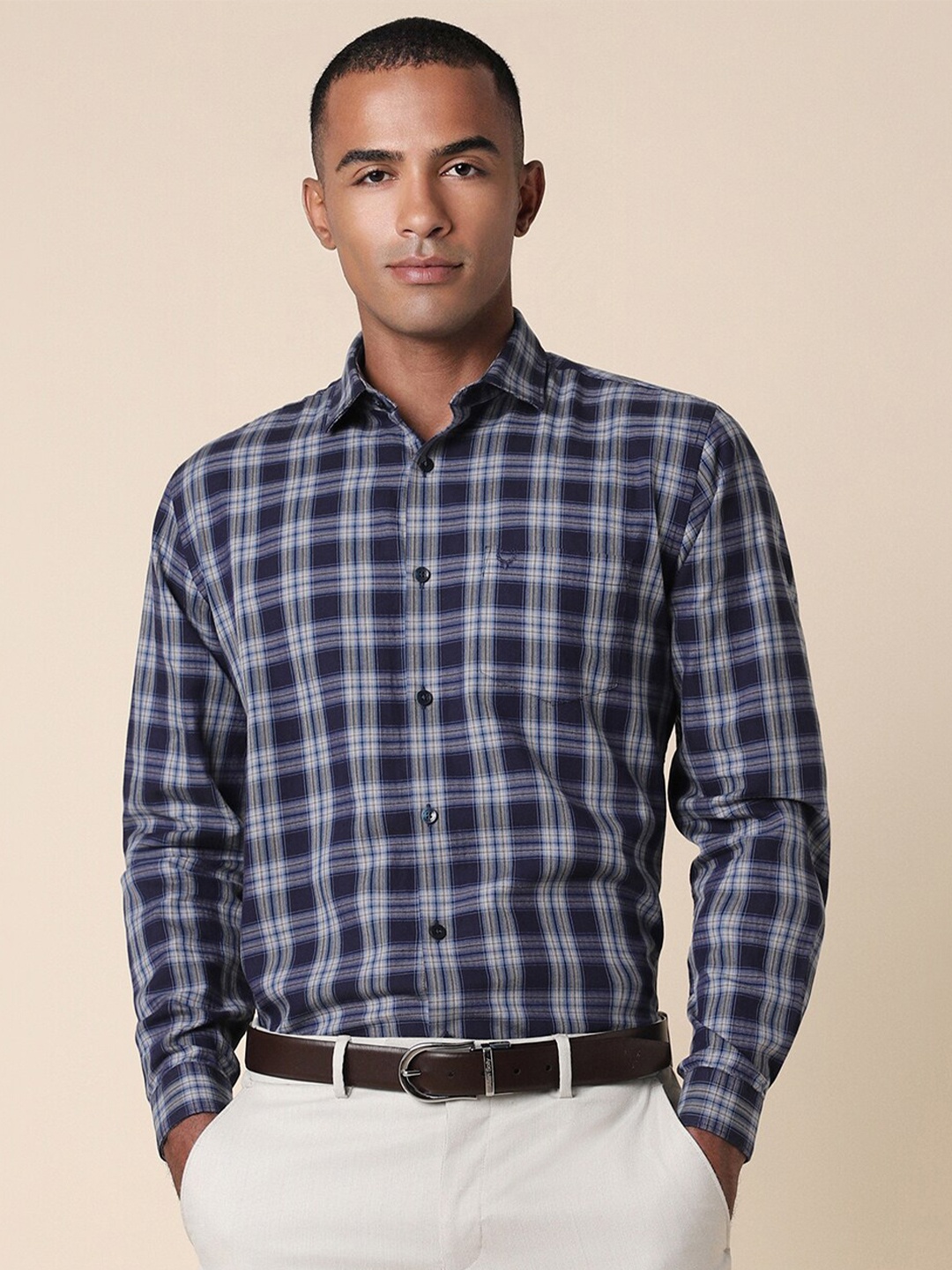 

Allen Solly Slim Fit Tartan Checked Spread Collar Long Sleeves Cotton Formal Shirt, Navy blue