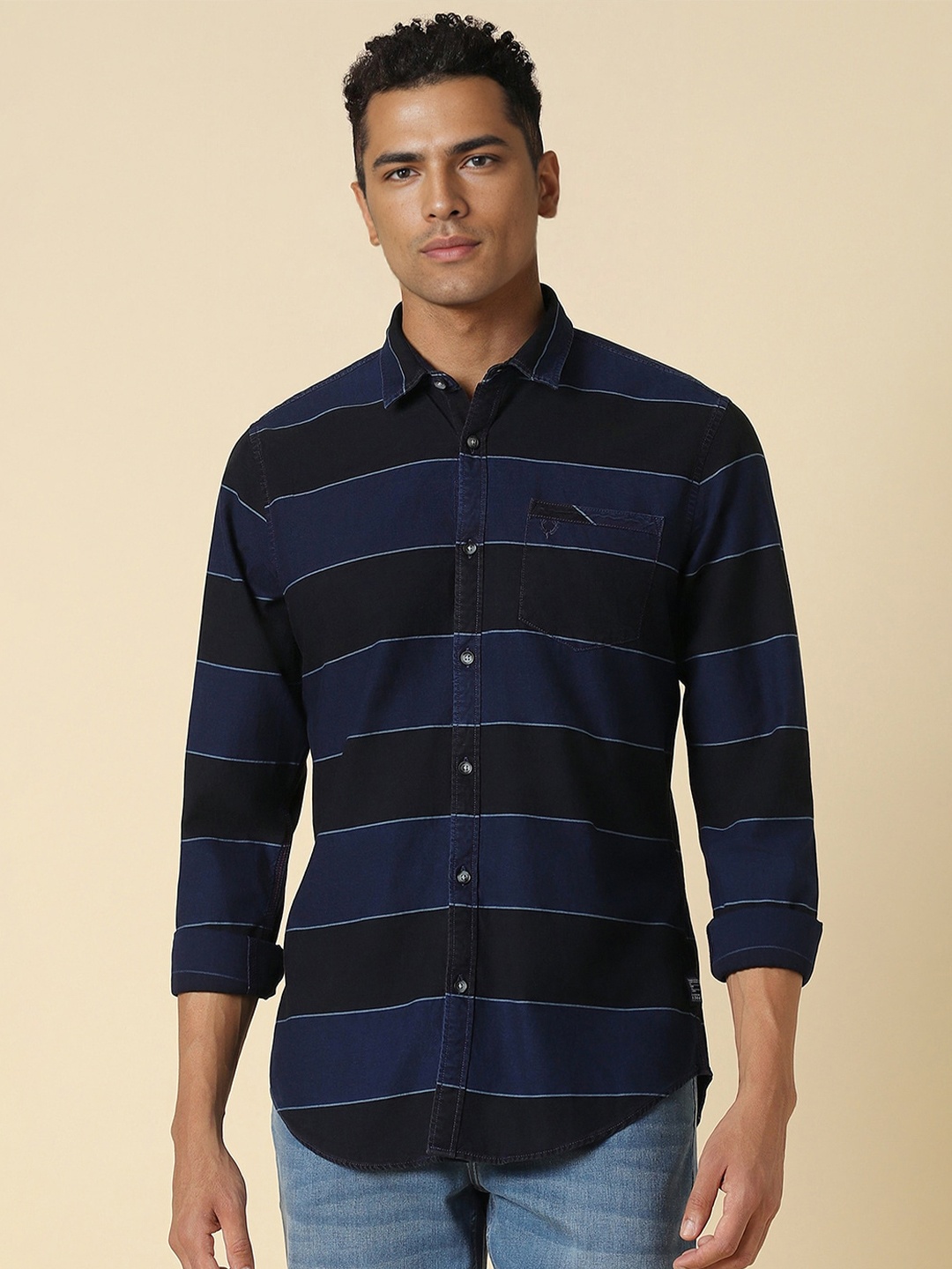 

Allen Solly Horizontal Striped Full Sleeves Pure Cotton Casual Shirt, Navy blue