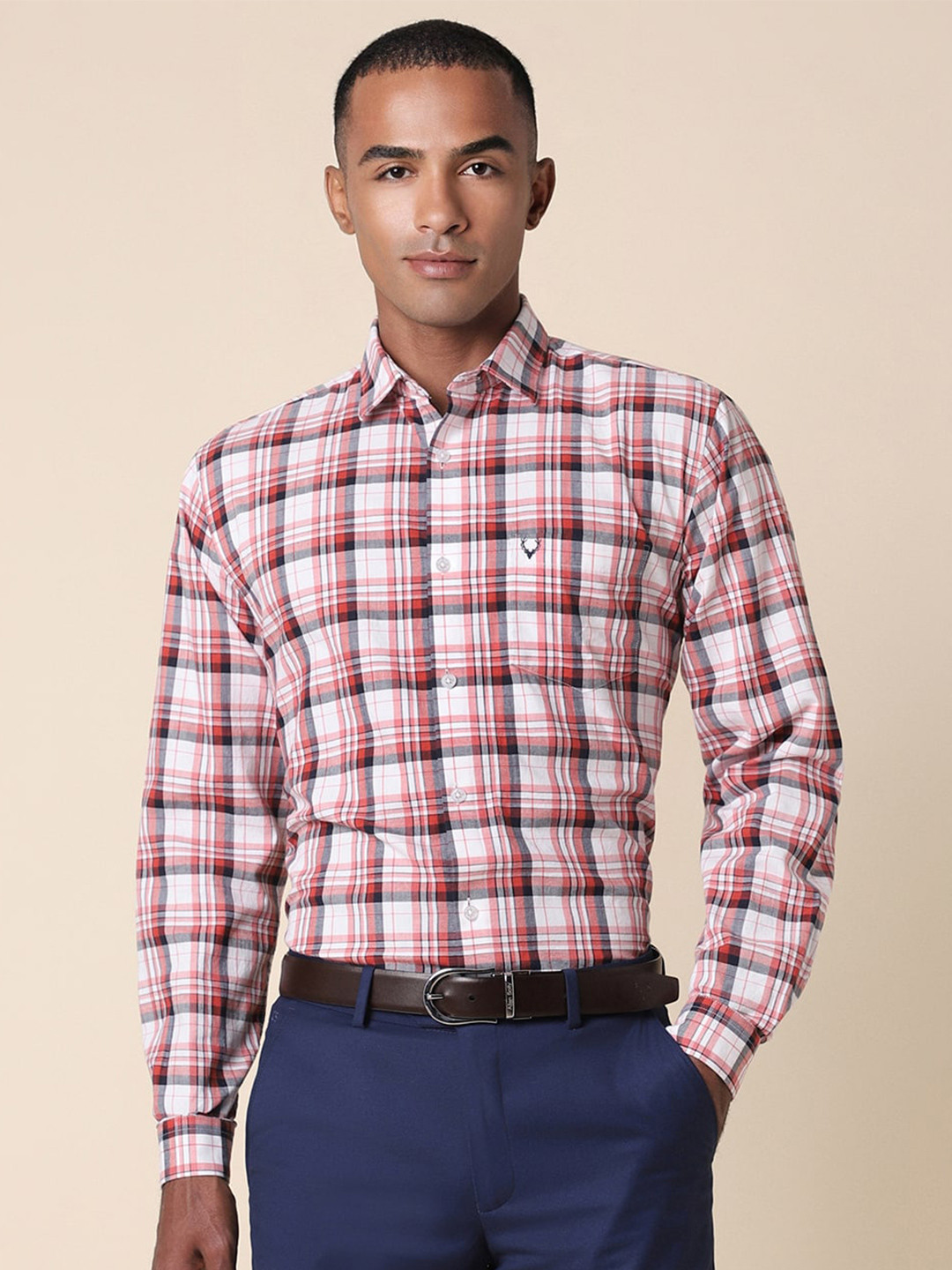

Allen Solly Slim Fit Long Sleeves Spread Collar Cotton Opaque Checked Formal Shirt, Red