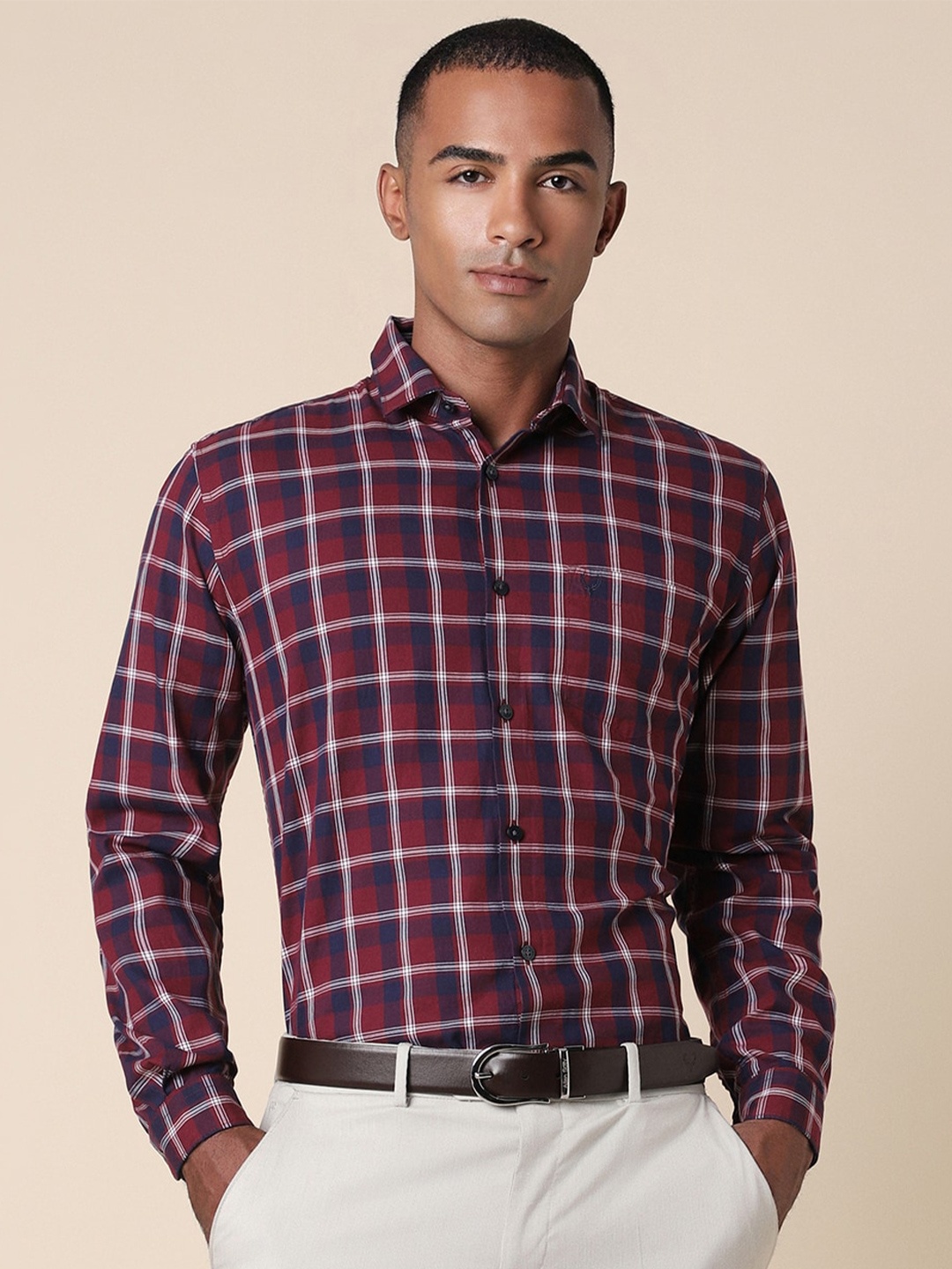 

Allen Solly Slim Fit Long Sleeves Spread Collar Cotton Opaque Checked Formal Shirt, Maroon