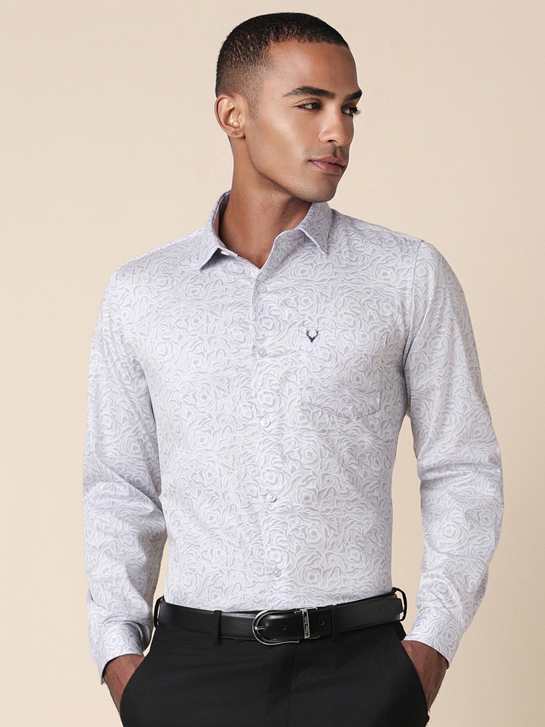 

Allen Solly Ethnic Motifs Printed Spread Collar Curved Cotton Slim Fit Formal Shirt, Grey