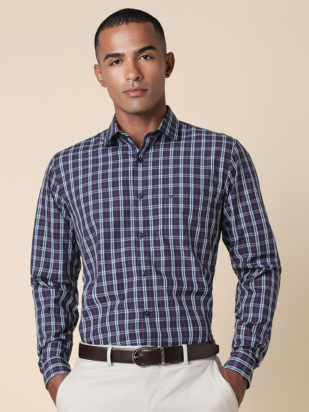 

Allen Solly Slim Fit Cotton Checked Formal Shirt, Navy blue