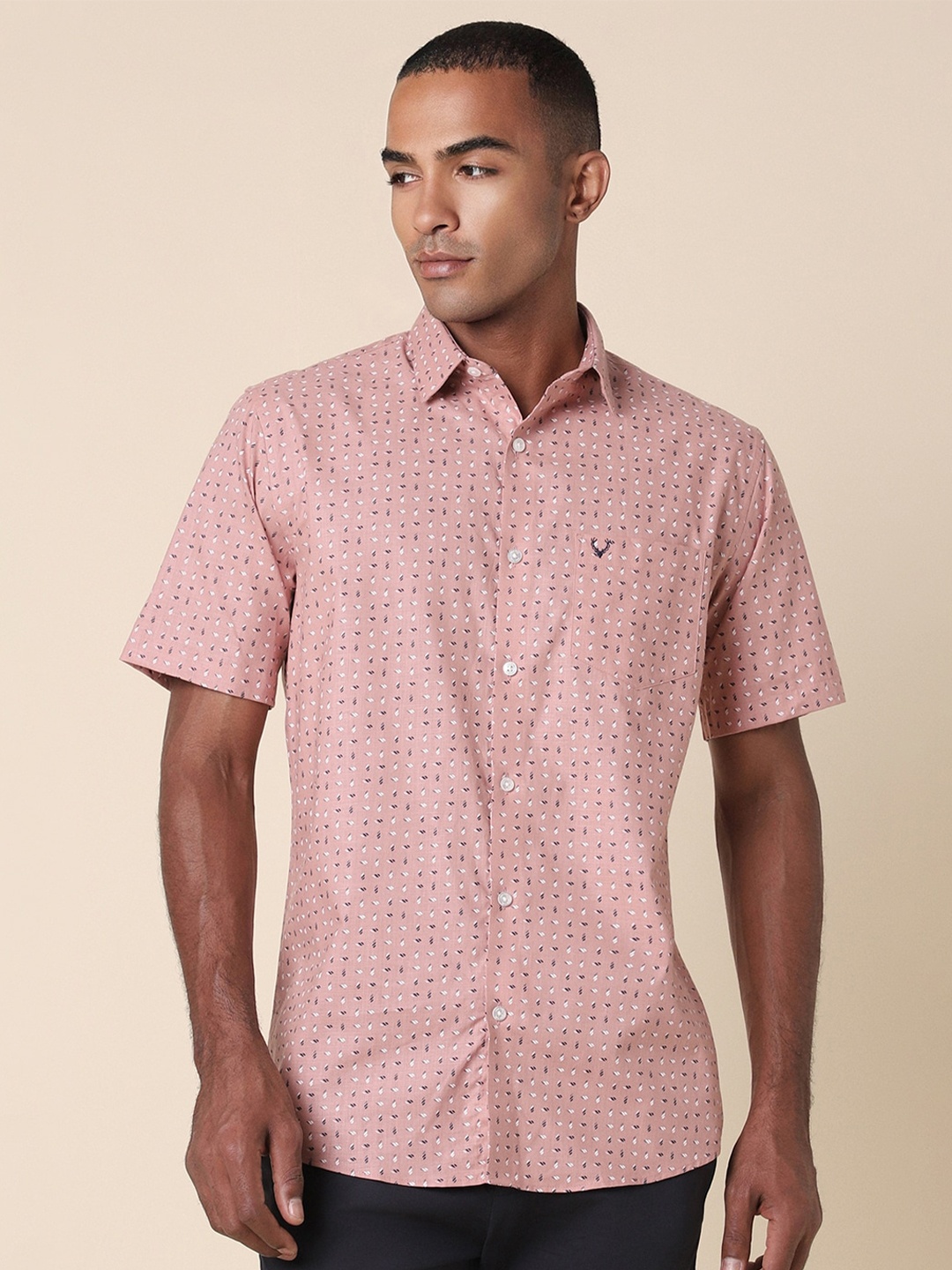 

Allen Solly Slim Fit Abstract Printed Spread Collar Short Sleeves Cotton Casual Shirt, Peach