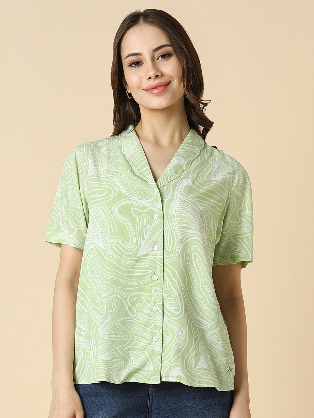 

Allen Solly Woman Abstract Printed Spread Collar Regular Fit Casual Shirt, Green