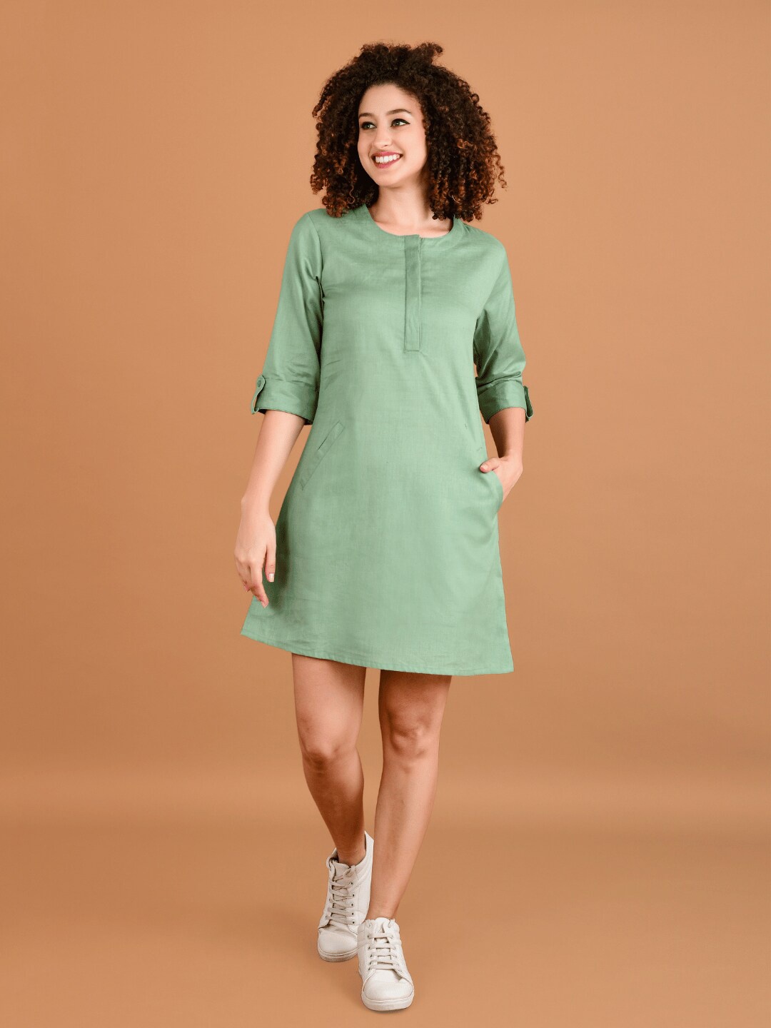

Boholyfe Cotton Roll-Up Sleeves A-Line Mini Dress, Green