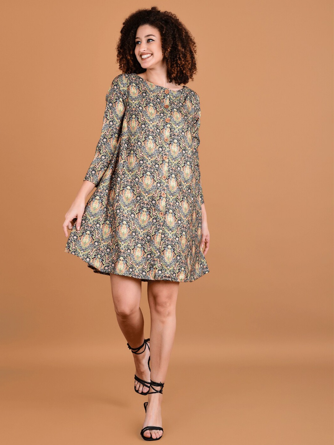 

Boholyfe Ethnic Motifs Printed A-Line Dress, Green