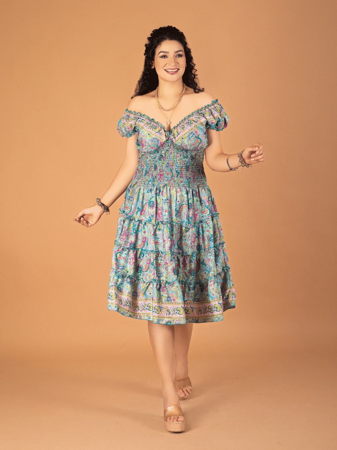 

Boholyfe Floral Printed Off-Shoulder Fit & Flare Midi Dress, Green