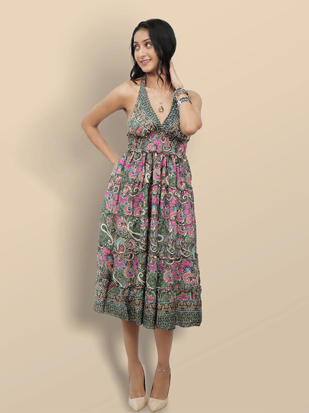 

Boholyfe Floral Printed Halter Neck Fit & Flare Midi Dress, Green