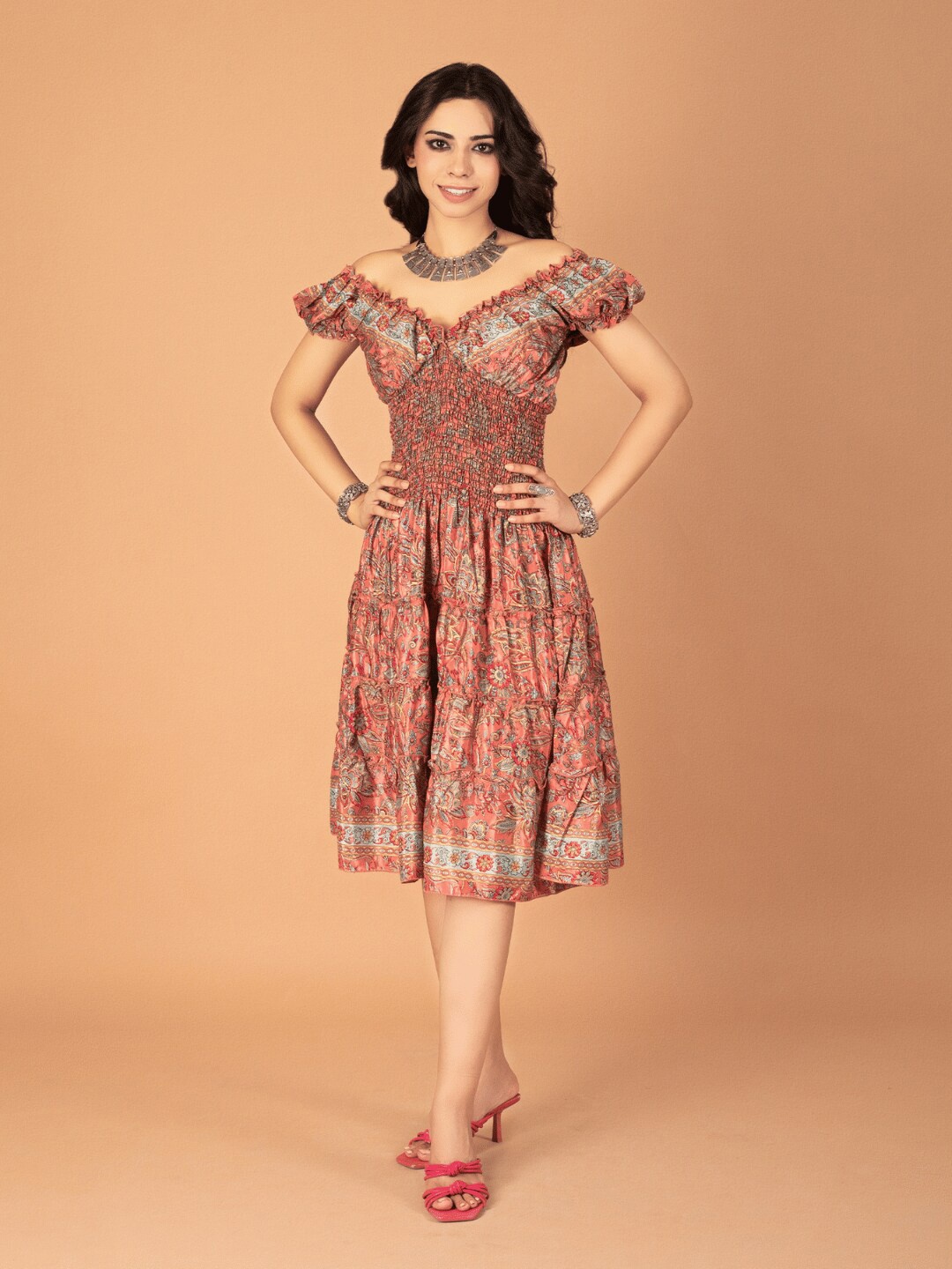 

Boholyfe Floral Printed V-Neck Fit & Flare Midi Dress, Pink