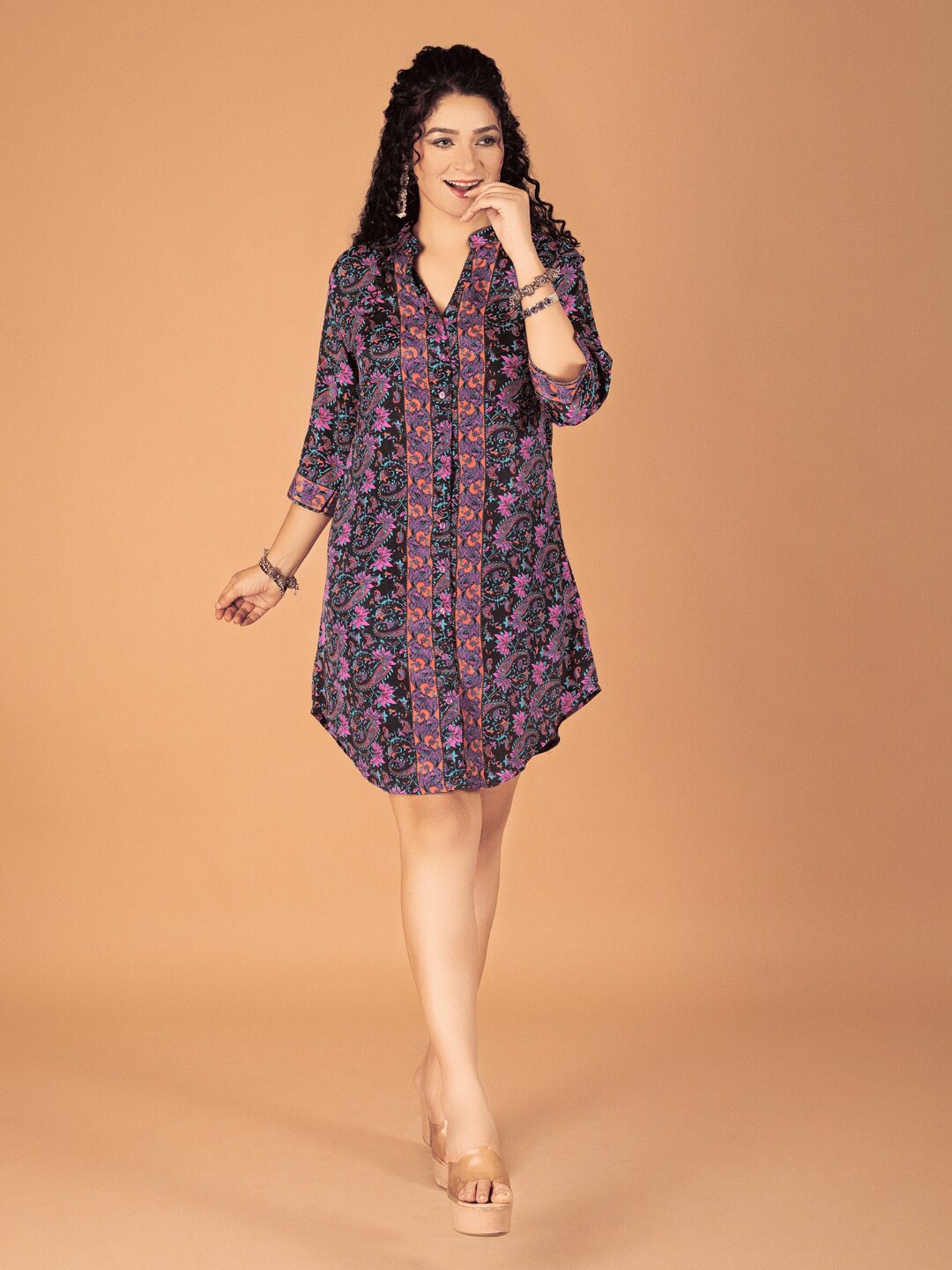 

Boholyfe Floral Printed Shirt Style Dress, Black