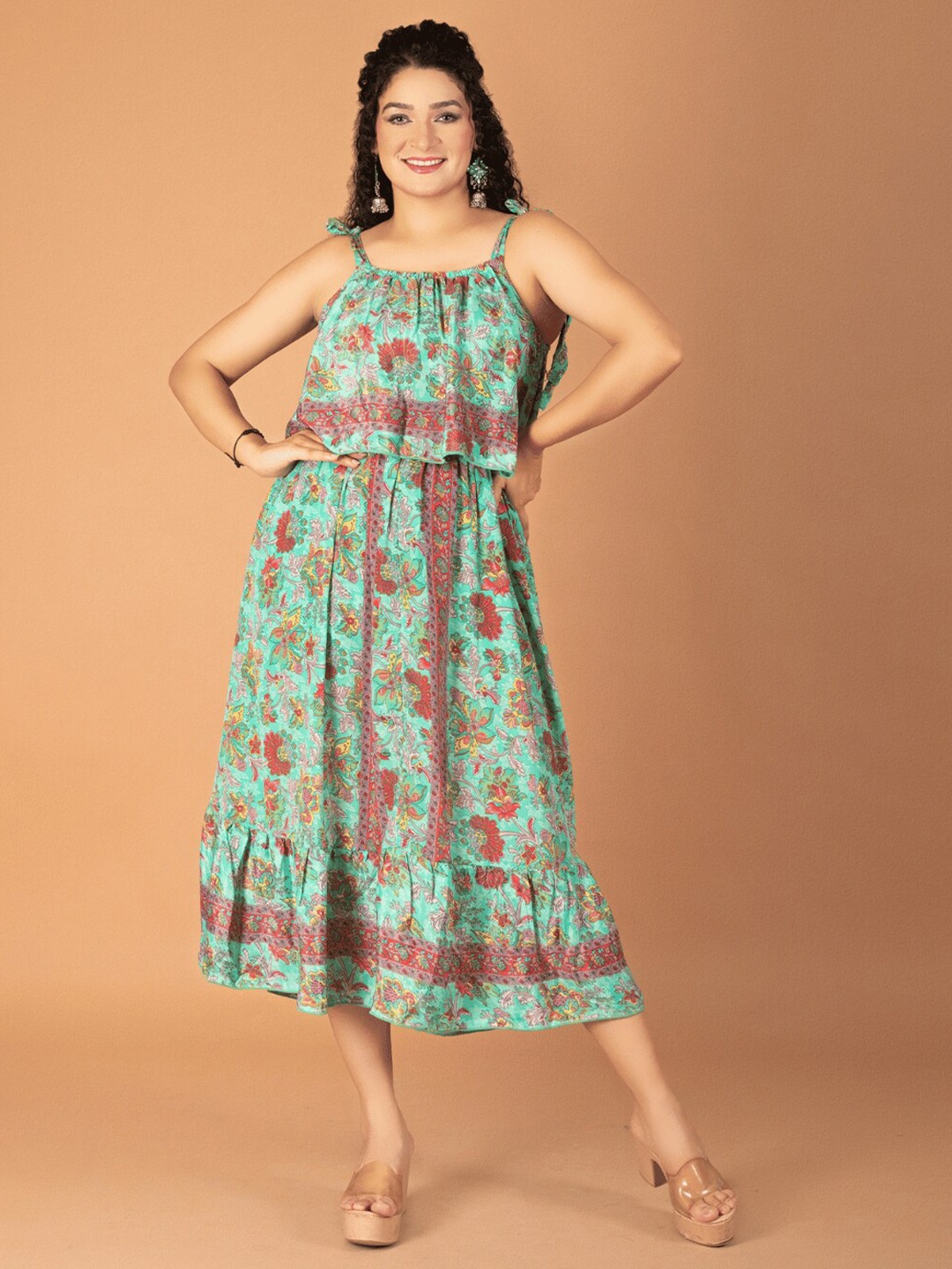 

Boholyfe Floral Printed Ruffled A-Line Midi Dress, Green