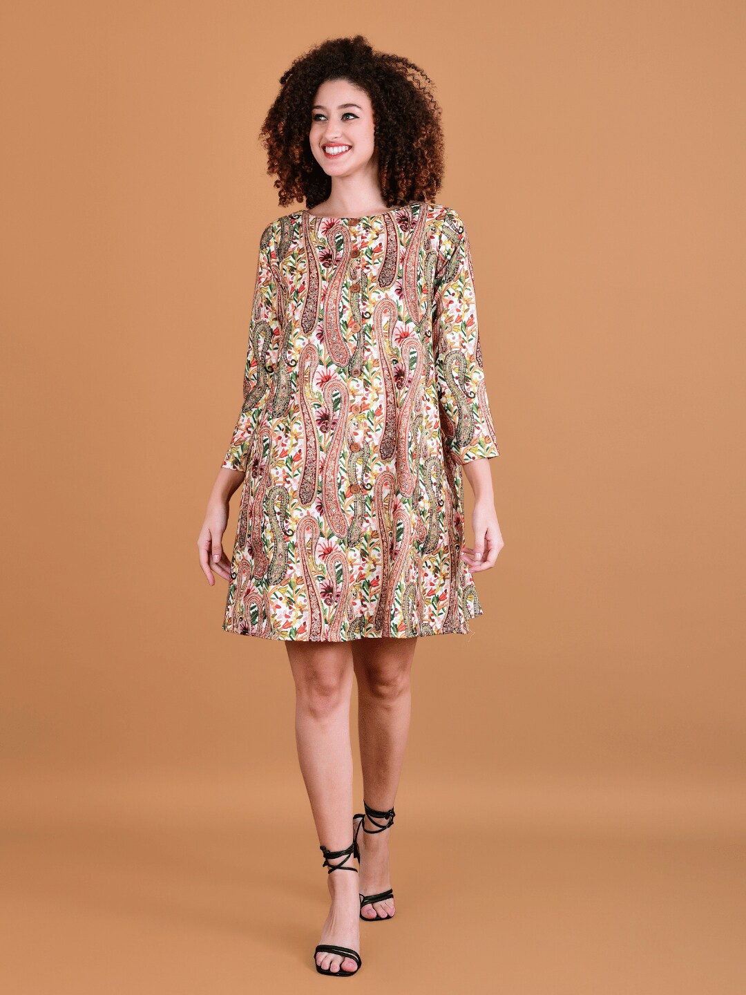 

Boholyfe Floral Printed Round Neck A-Line Dress, Off white