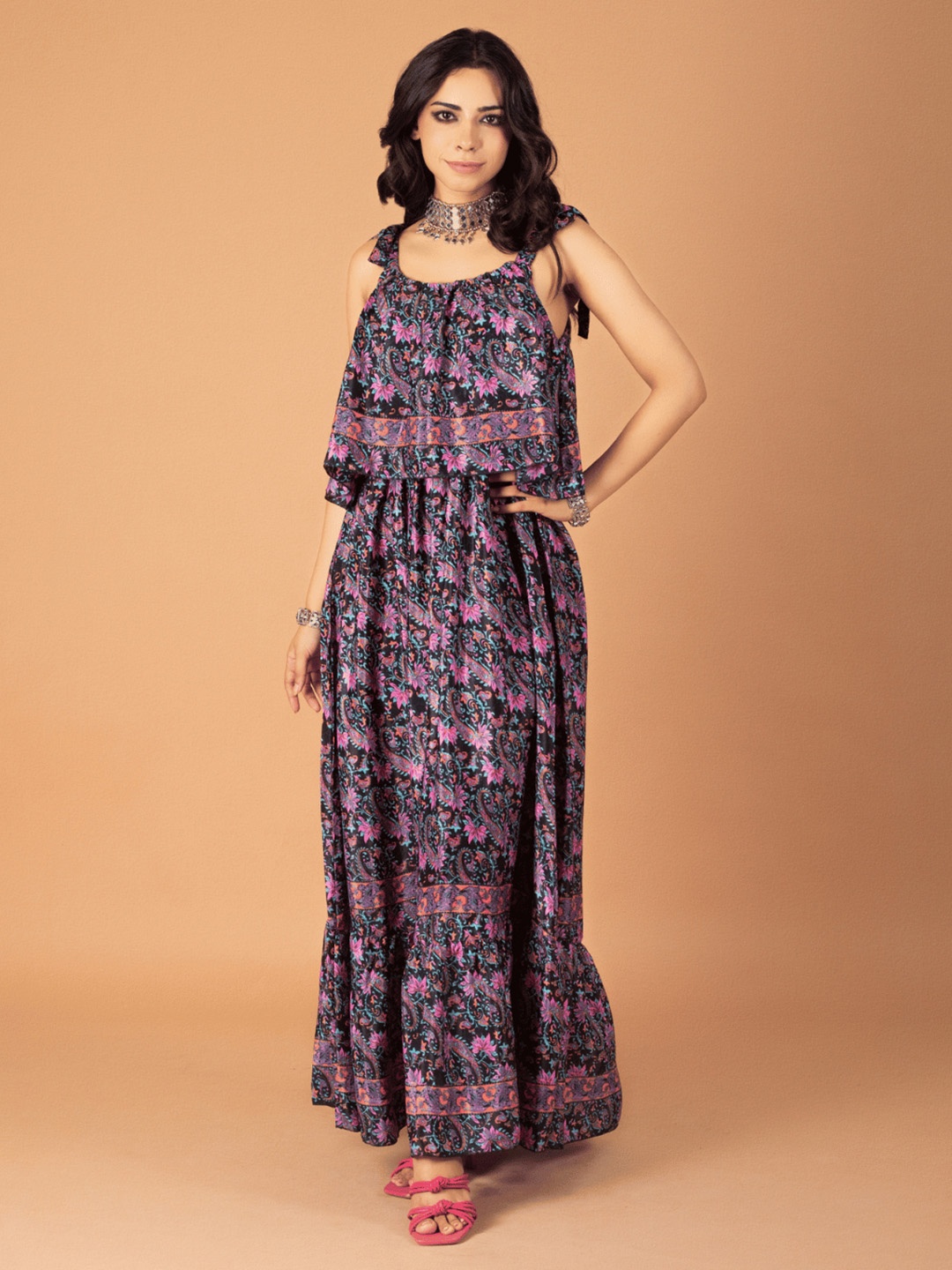 

Boholyfe Floral Printed Sleeveless Maxi Dress, Black