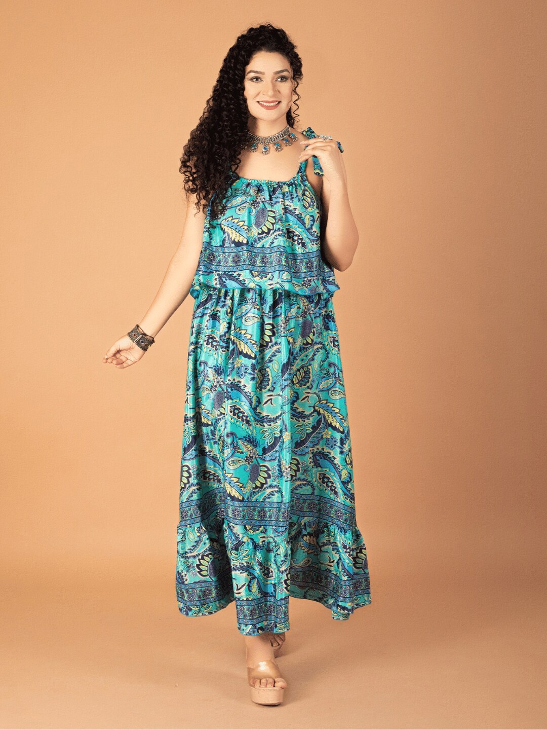 

Boholyfe Ethnic Motifs Printed Ruffle Maxi Dress, Teal