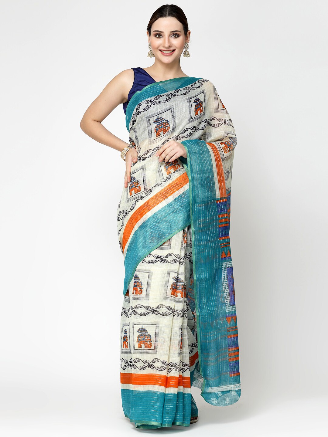 

ISHQY Ethnic Motif Printed Silk Cotton Saree, Blue