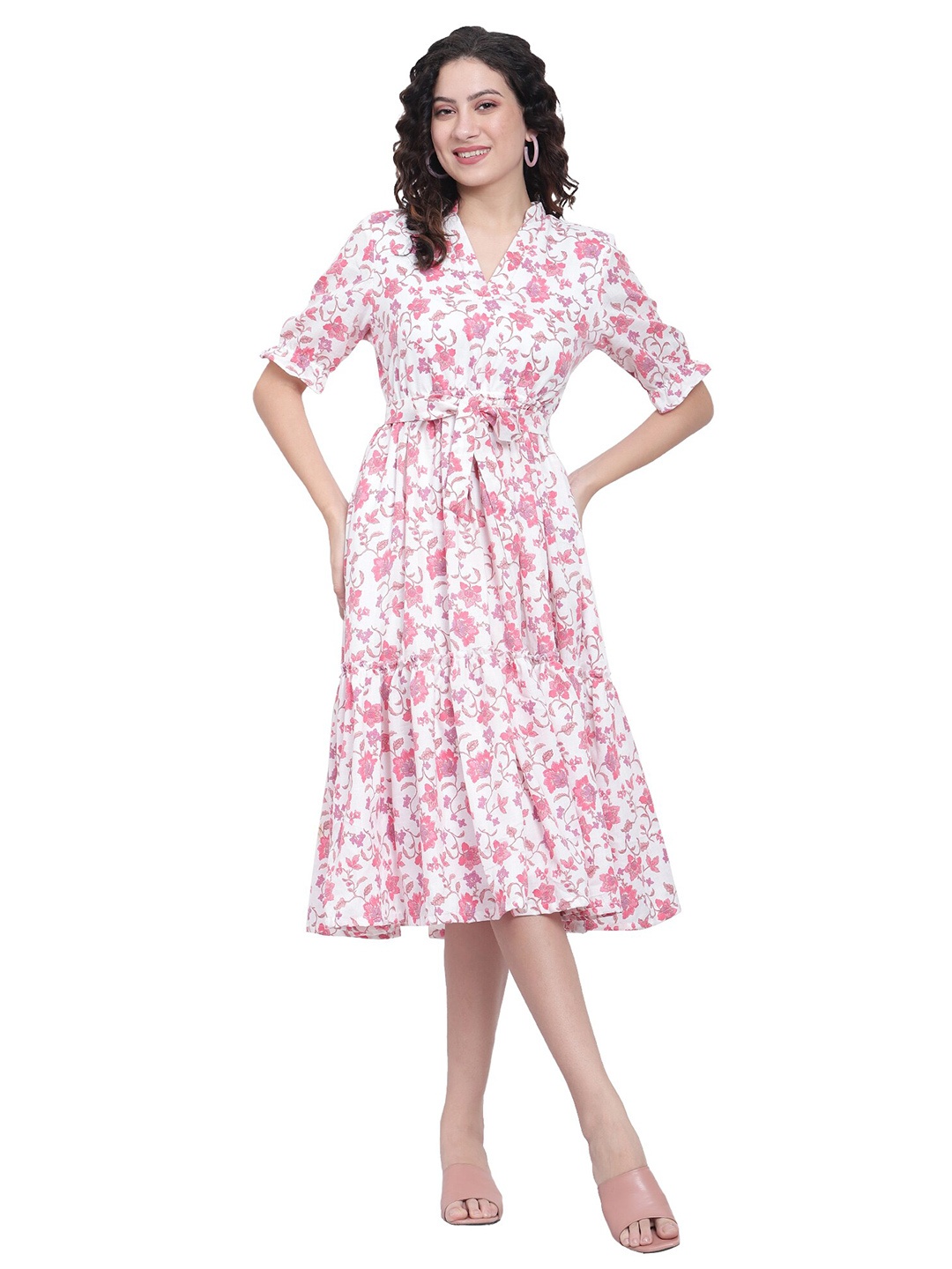 

NKSA FASHION Floral Print Mandarin Collar Cuffed Sleeves Fit & Flare Midi Dress, Pink