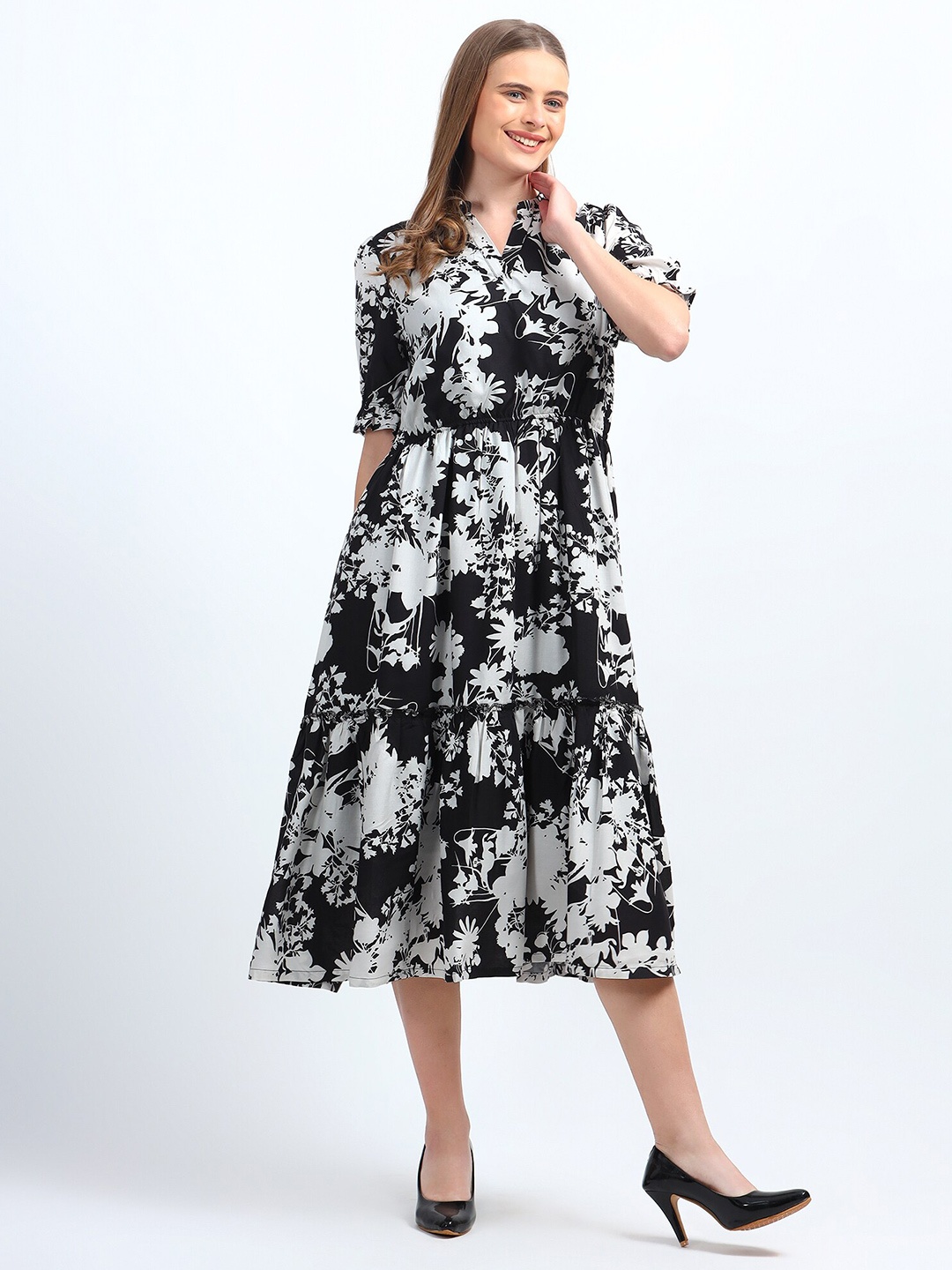 

NKSA FASHION Floral Print Mandarin Collar Cuffed Sleeves Fit & Flare Midi Dress, Black