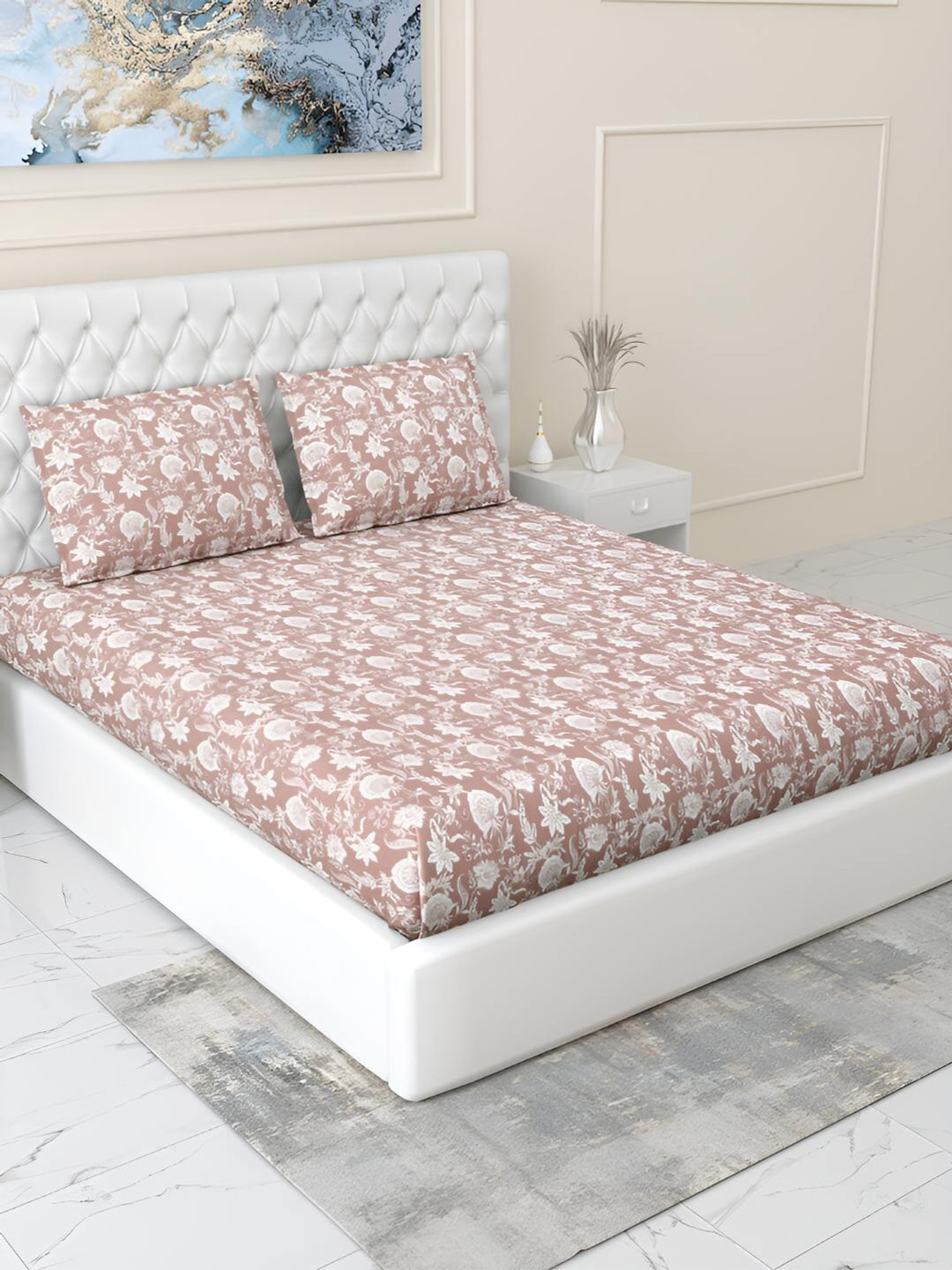 

haus & kinder White & Brown Floral Cotton 186 TC King Bedsheet With 2 Pillow Covers
